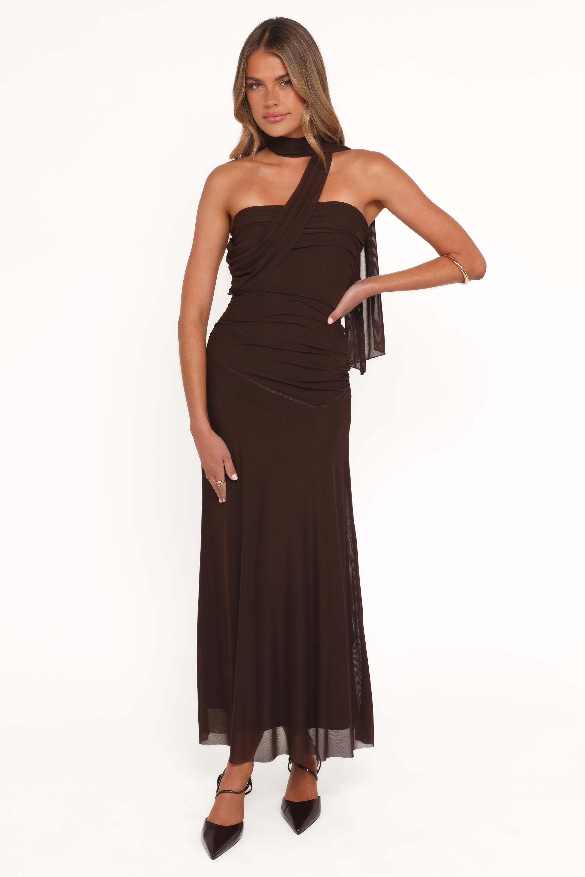 Petal and Pup USA DRESSES Charly One Shoulder Maxi Dress - Brown