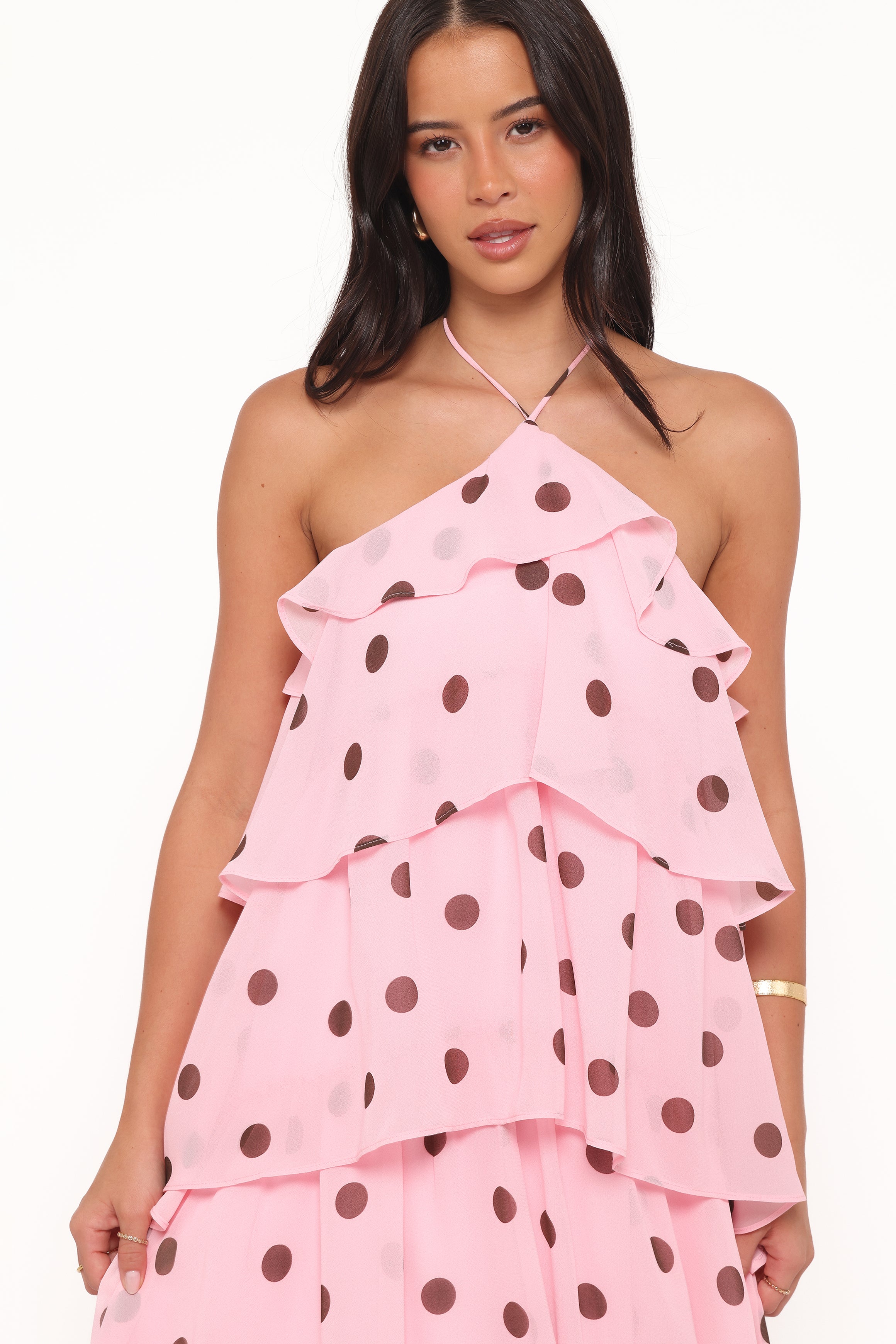 Petal and Pup USA DRESSES Chasity Halterneck Maxi Dress - Pink Polka Dot