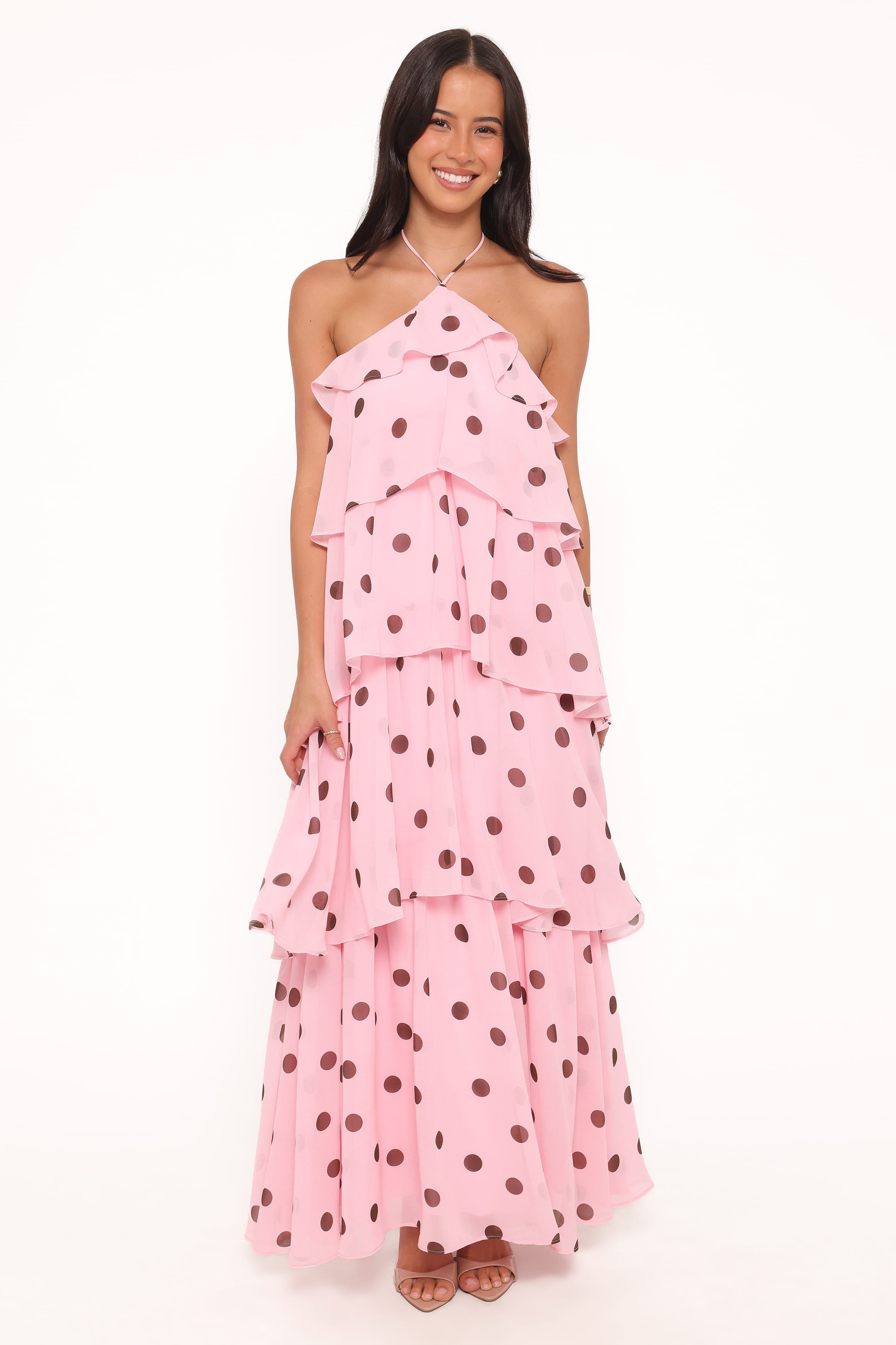 Petal and Pup USA DRESSES Chasity Halterneck Maxi Dress - Pink Polka Dot