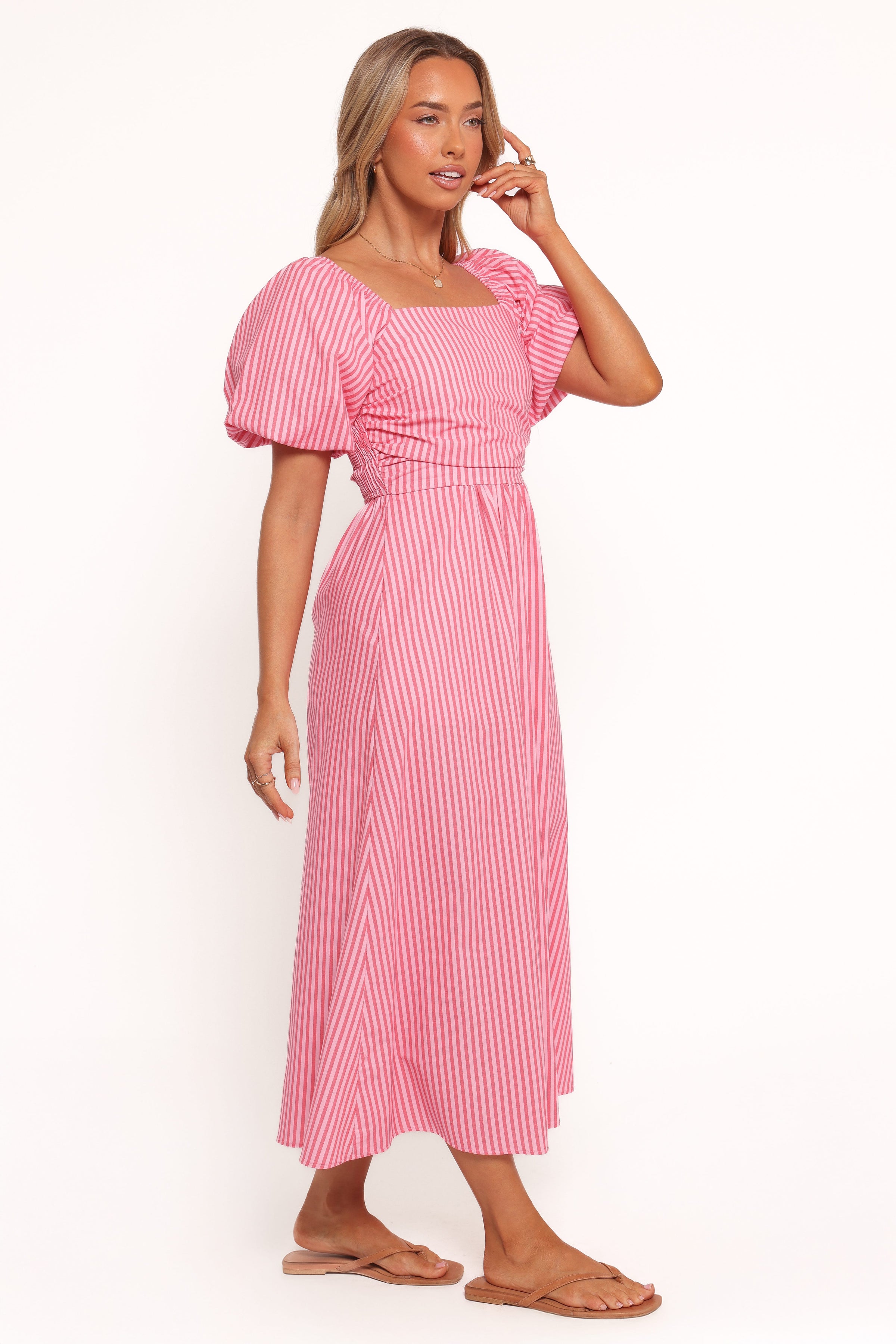 Petal and Pup USA DRESSES Chlo Puff Sleeve Midi Dress - Red Stripe (Hold for Rack)