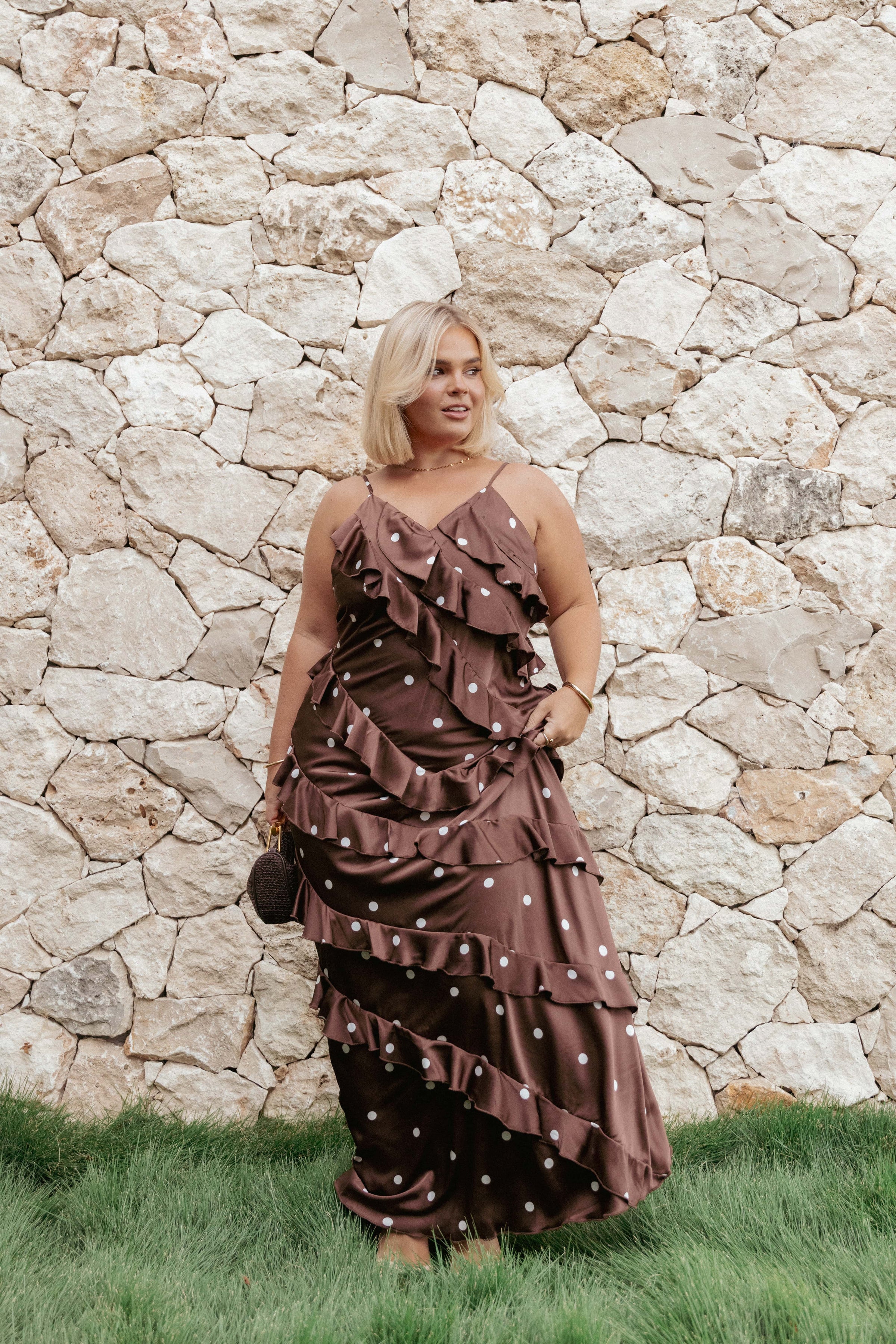 Petal and Pup USA DRESSES Ciao Ruffles Maxi Satin Dress - Brown Polka Dot