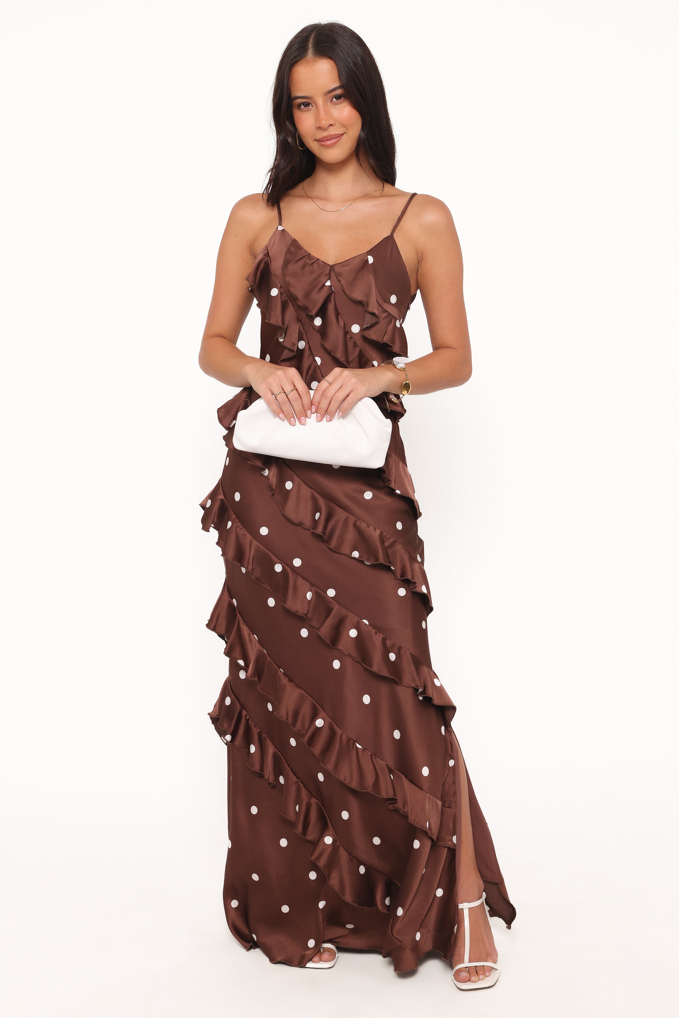 Petal and Pup USA DRESSES Ciao Ruffles Maxi Satin Dress - Brown Polka Dot
