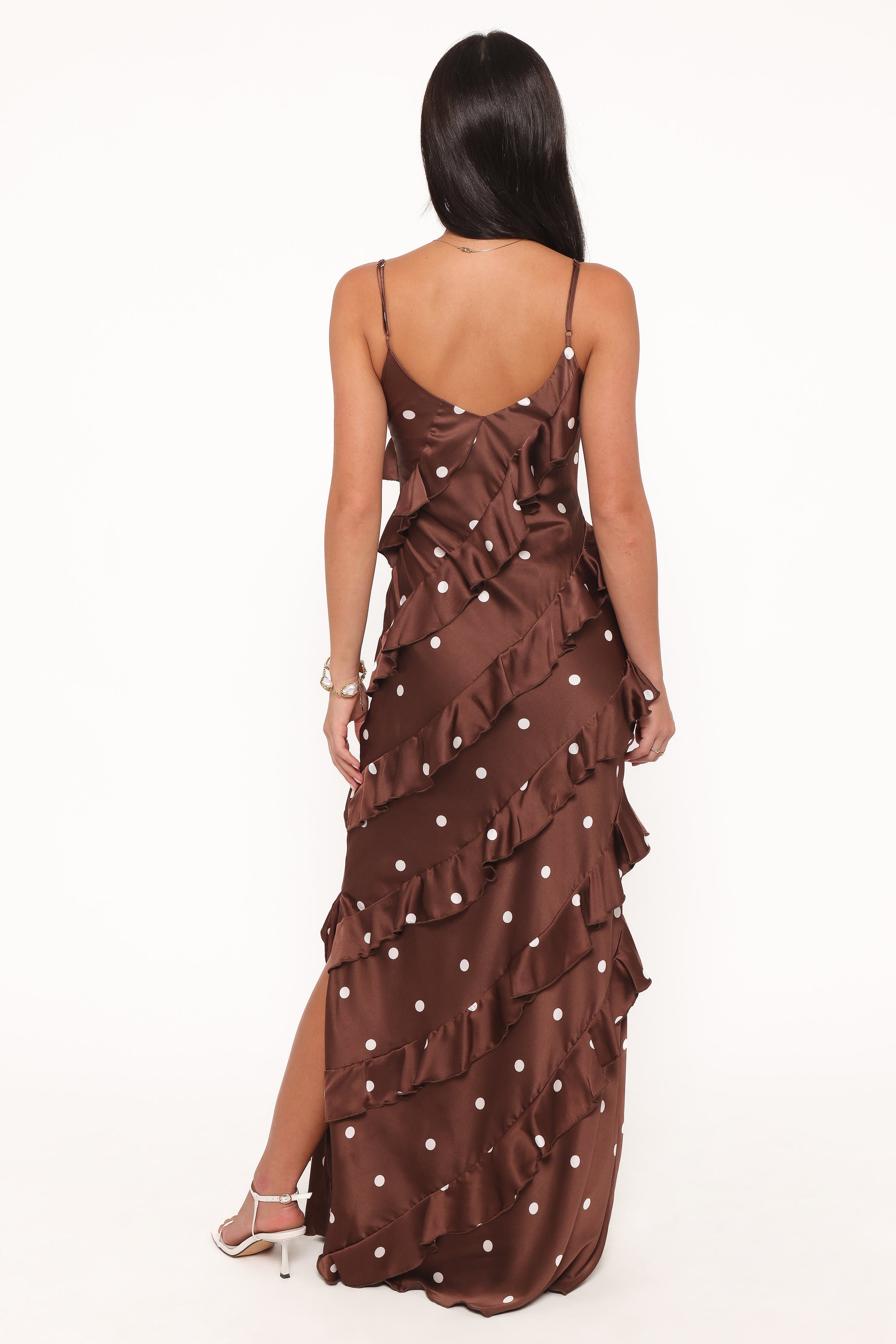 Petal and Pup USA DRESSES Ciao Ruffles Maxi Satin Dress - Brown Polka Dot