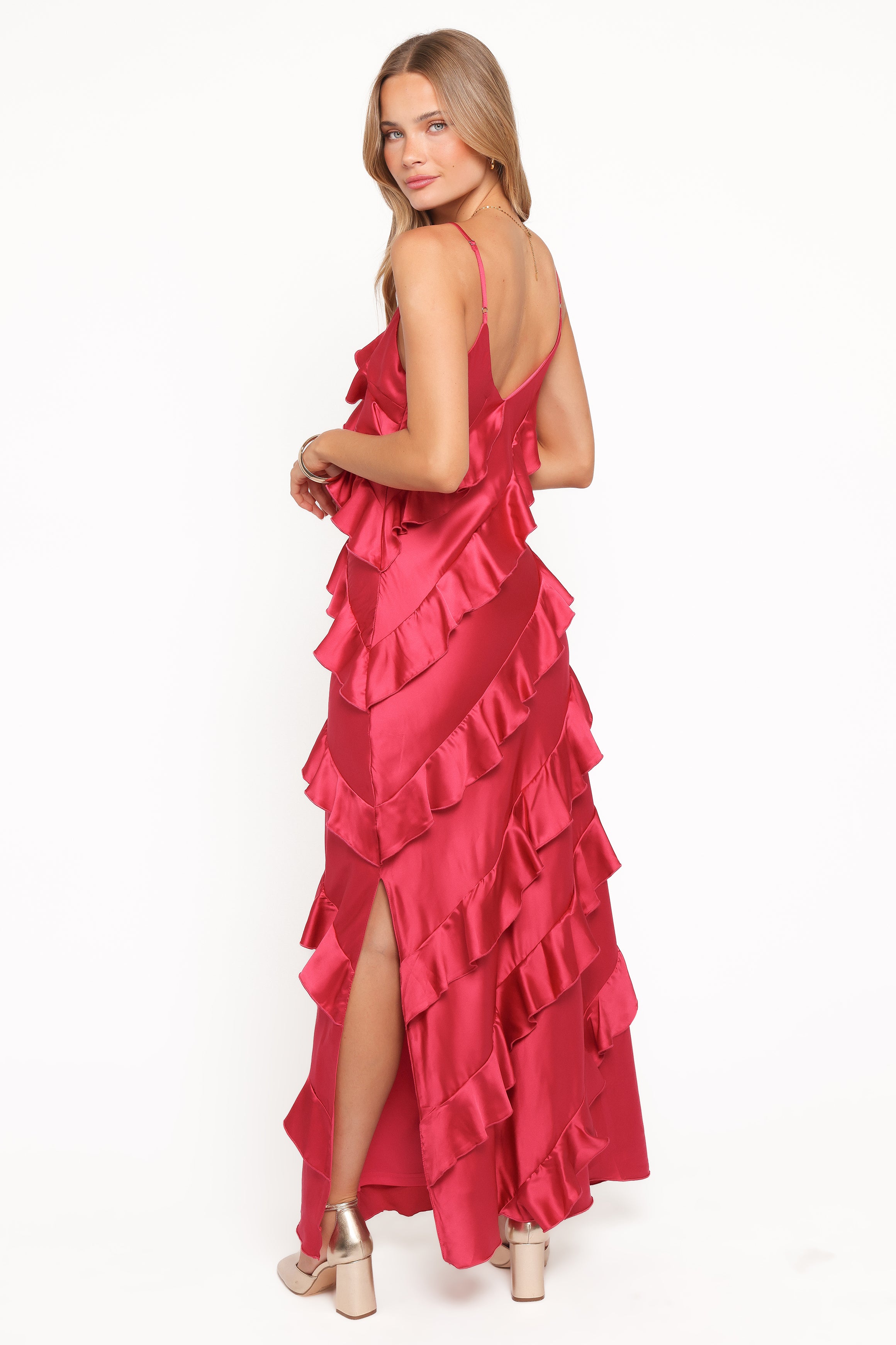Petal and Pup USA DRESSES Ciao Ruffles Maxi Satin Dress - Fuchsia