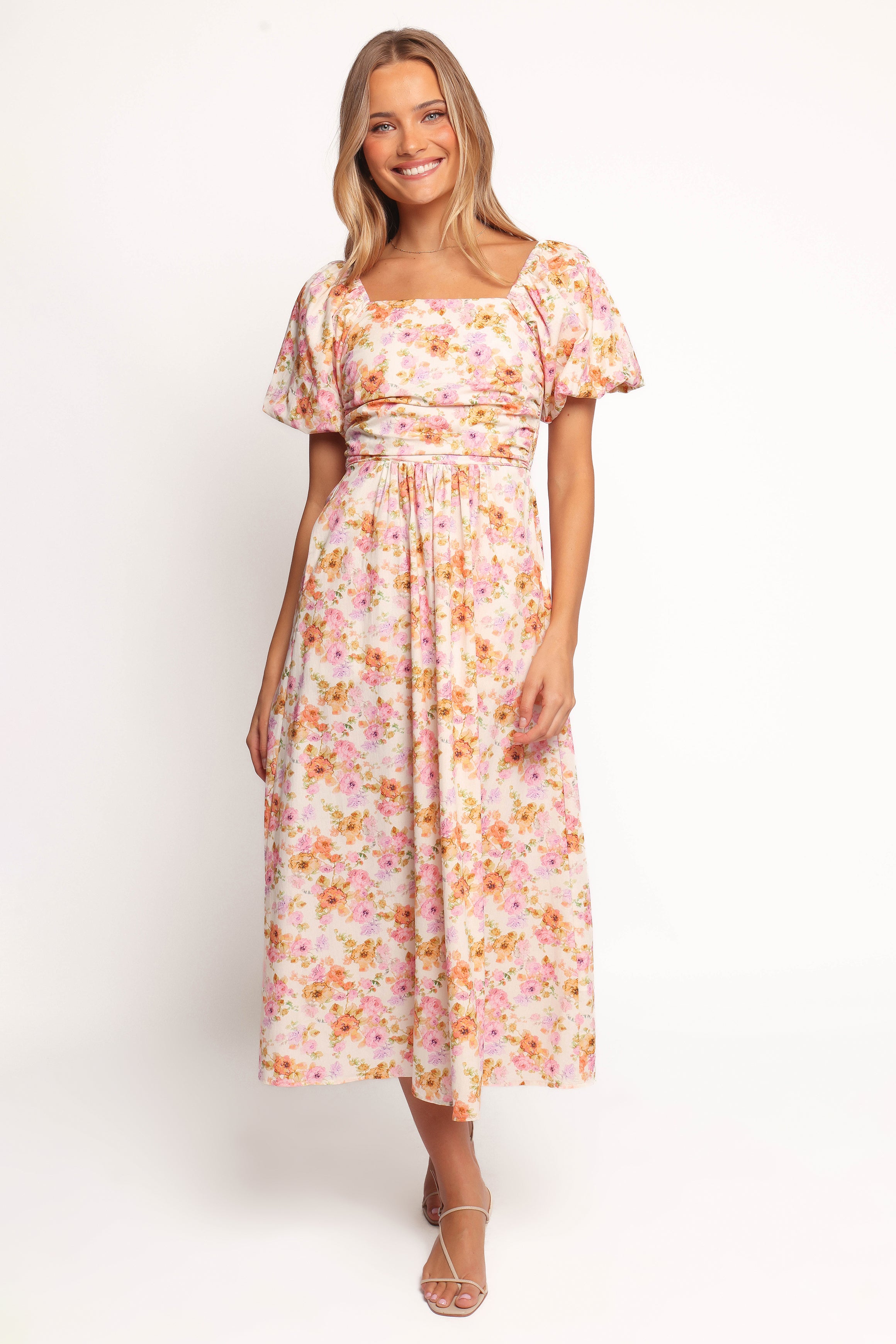 Petal and Pup USA DRESSES Clo Puff Sleeve Midi Dress - Peach Floral