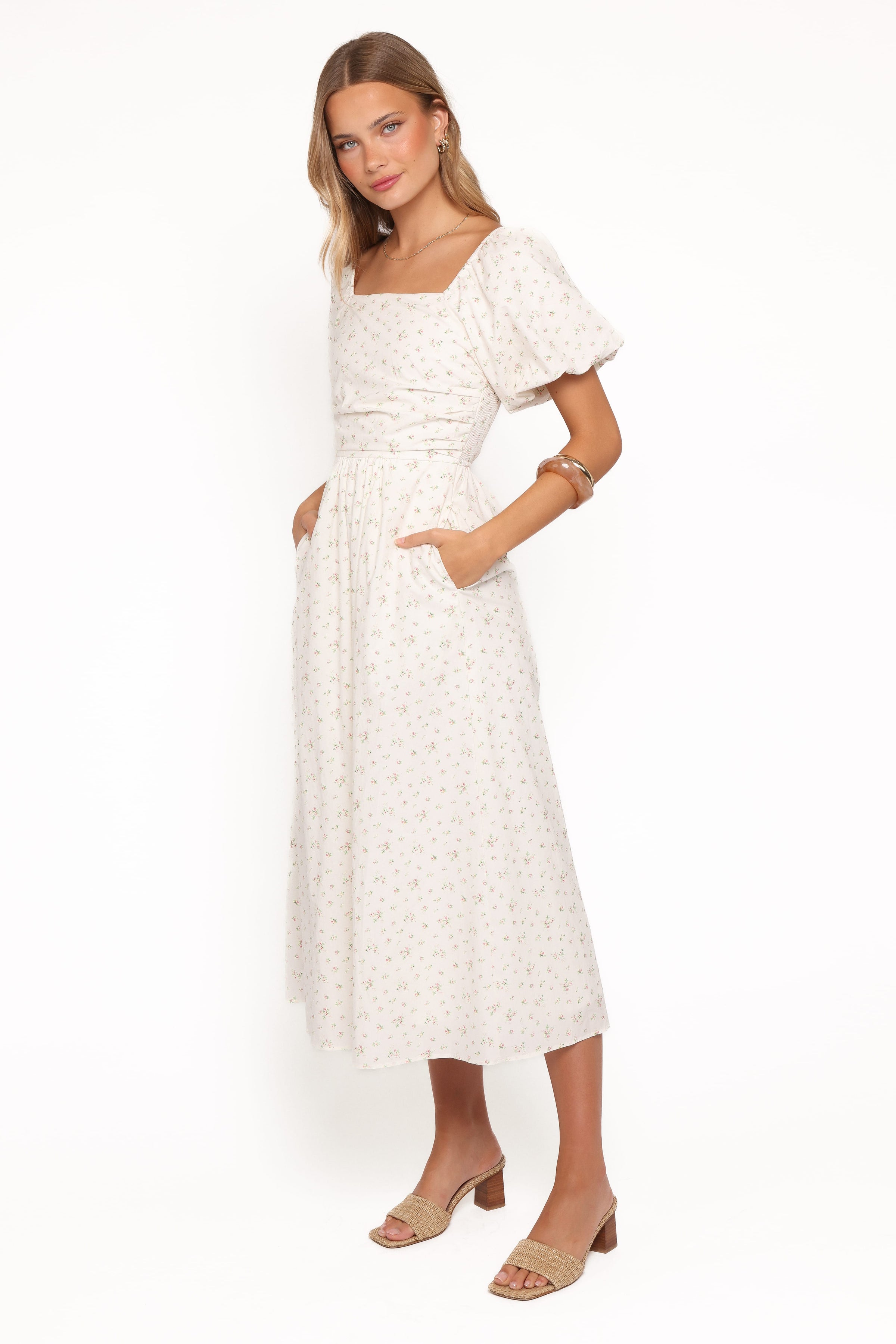 Petal and Pup USA DRESSES Clo Puff Sleeve Midi Dress - White Betty