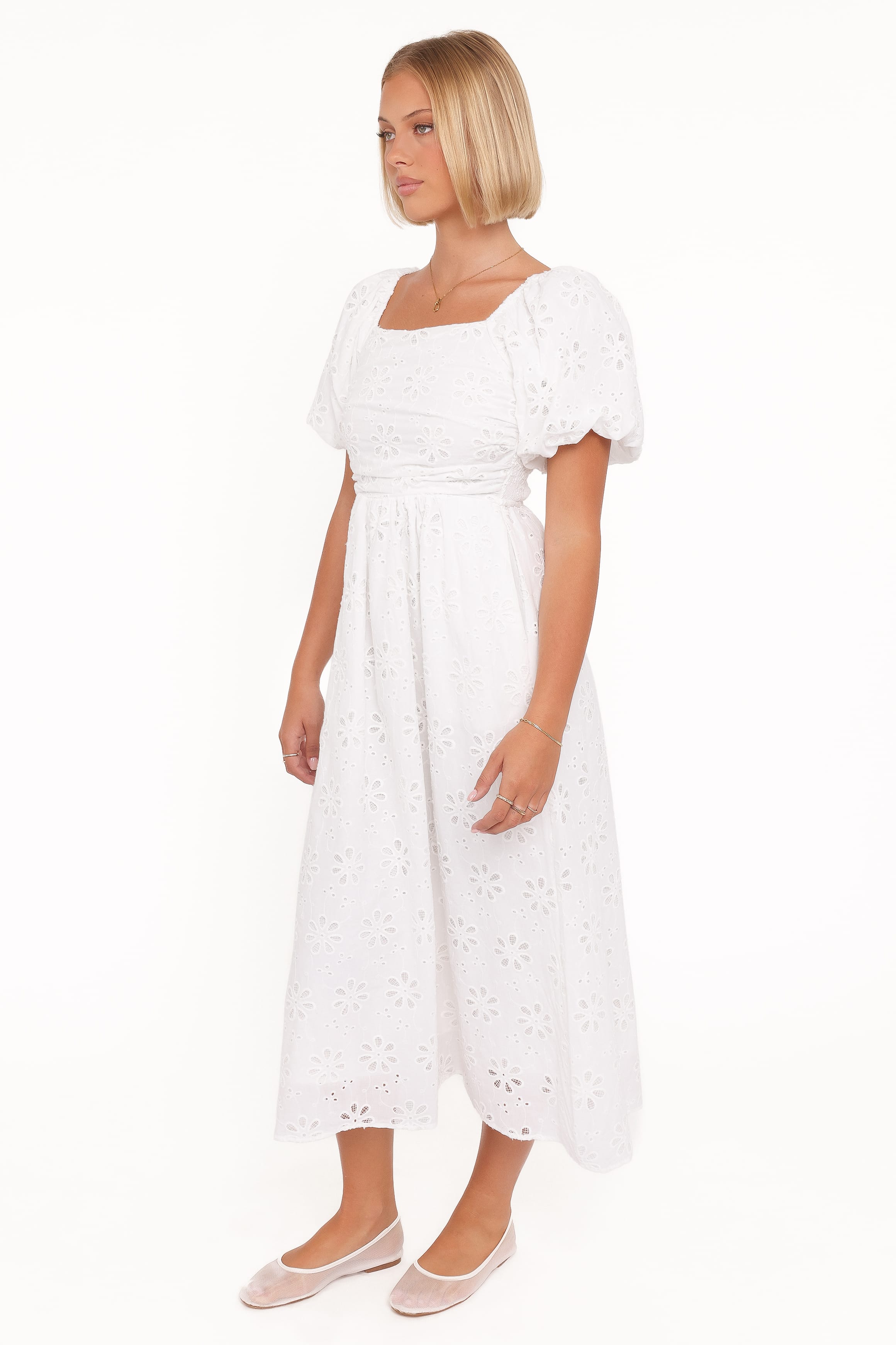 Petal and Pup USA DRESSES Clo Puff Sleeve Midi Dress - White Broderie