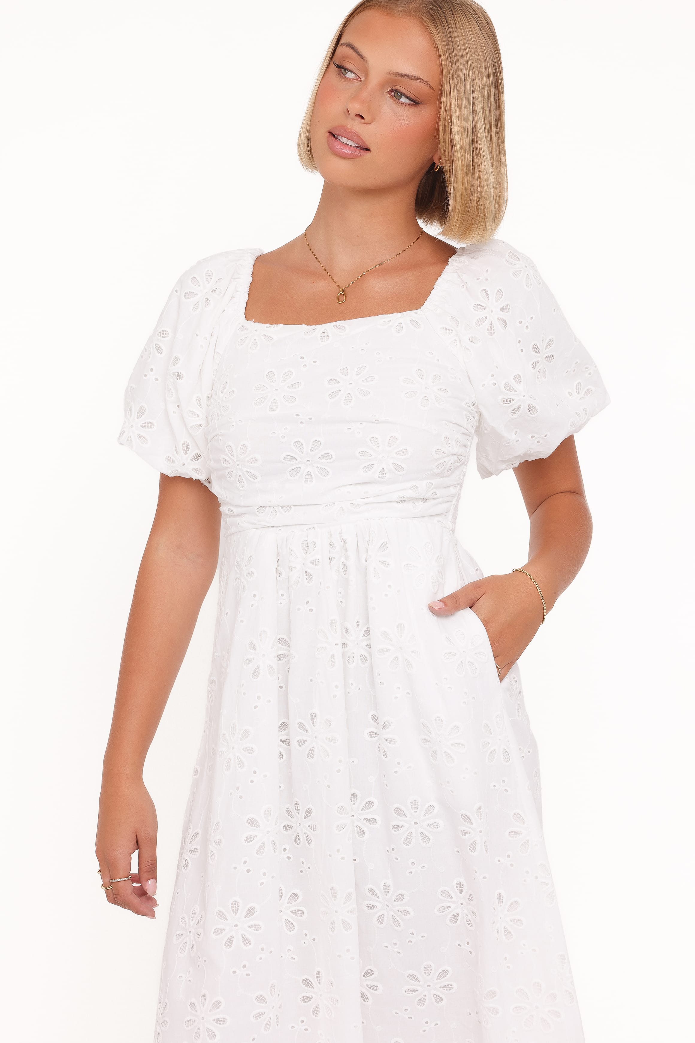 Petal and Pup USA DRESSES Clo Puff Sleeve Midi Dress - White Broderie