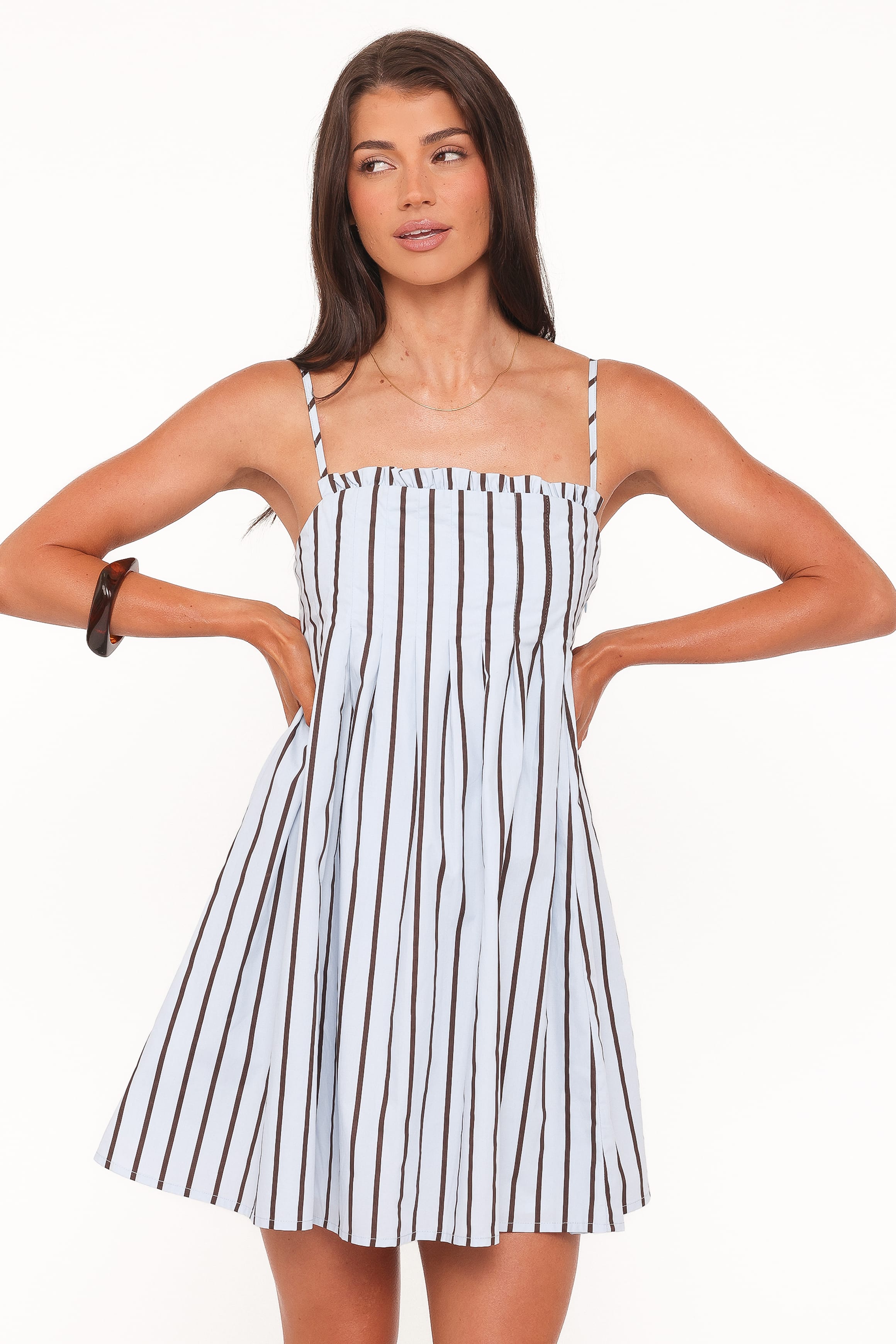 Petal and Pup USA DRESSES Cole Mini Dress - Blue/Brown Stripe