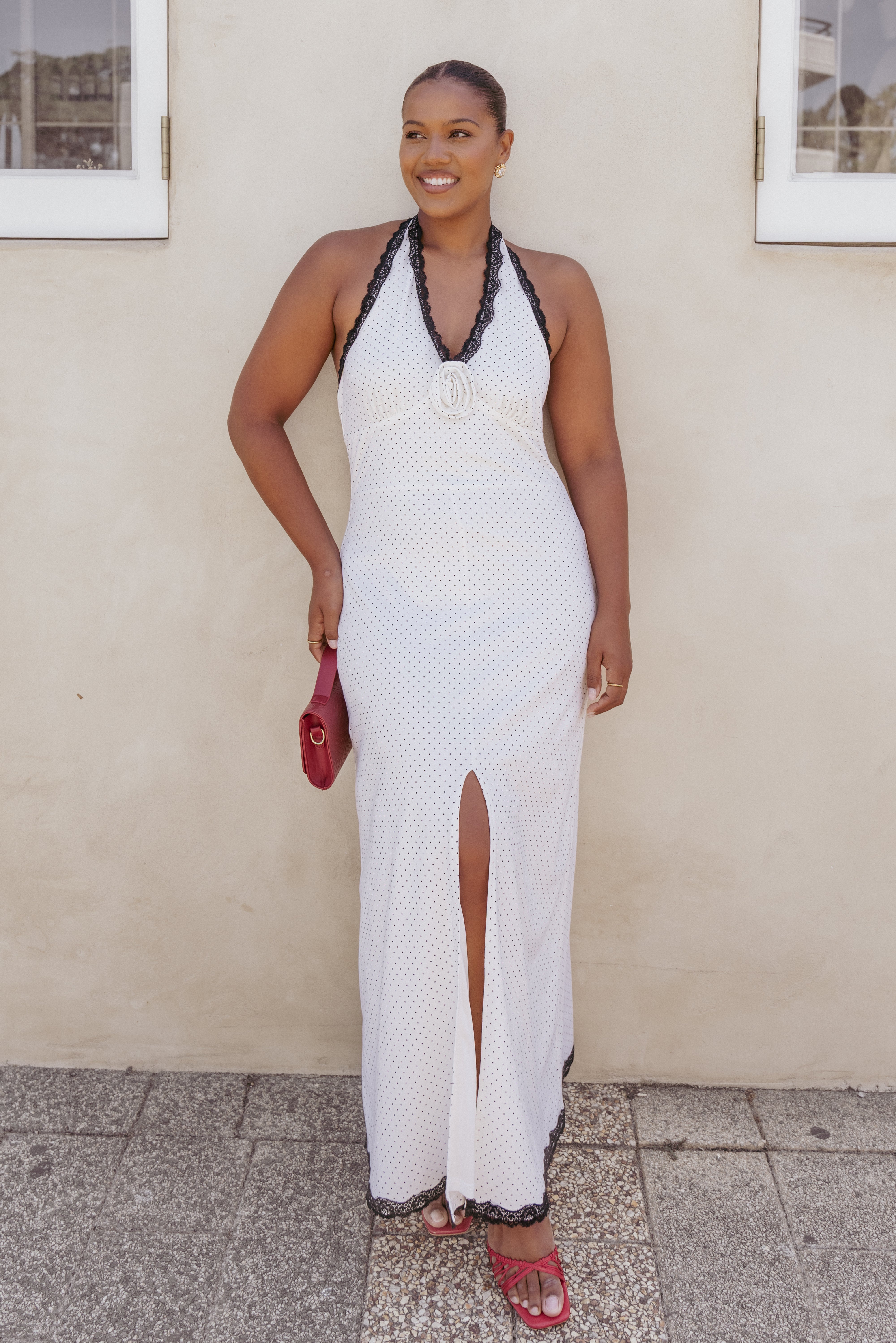Petal and Pup USA DRESSES Conrad Halter Maxi Dress - White Polka Dot