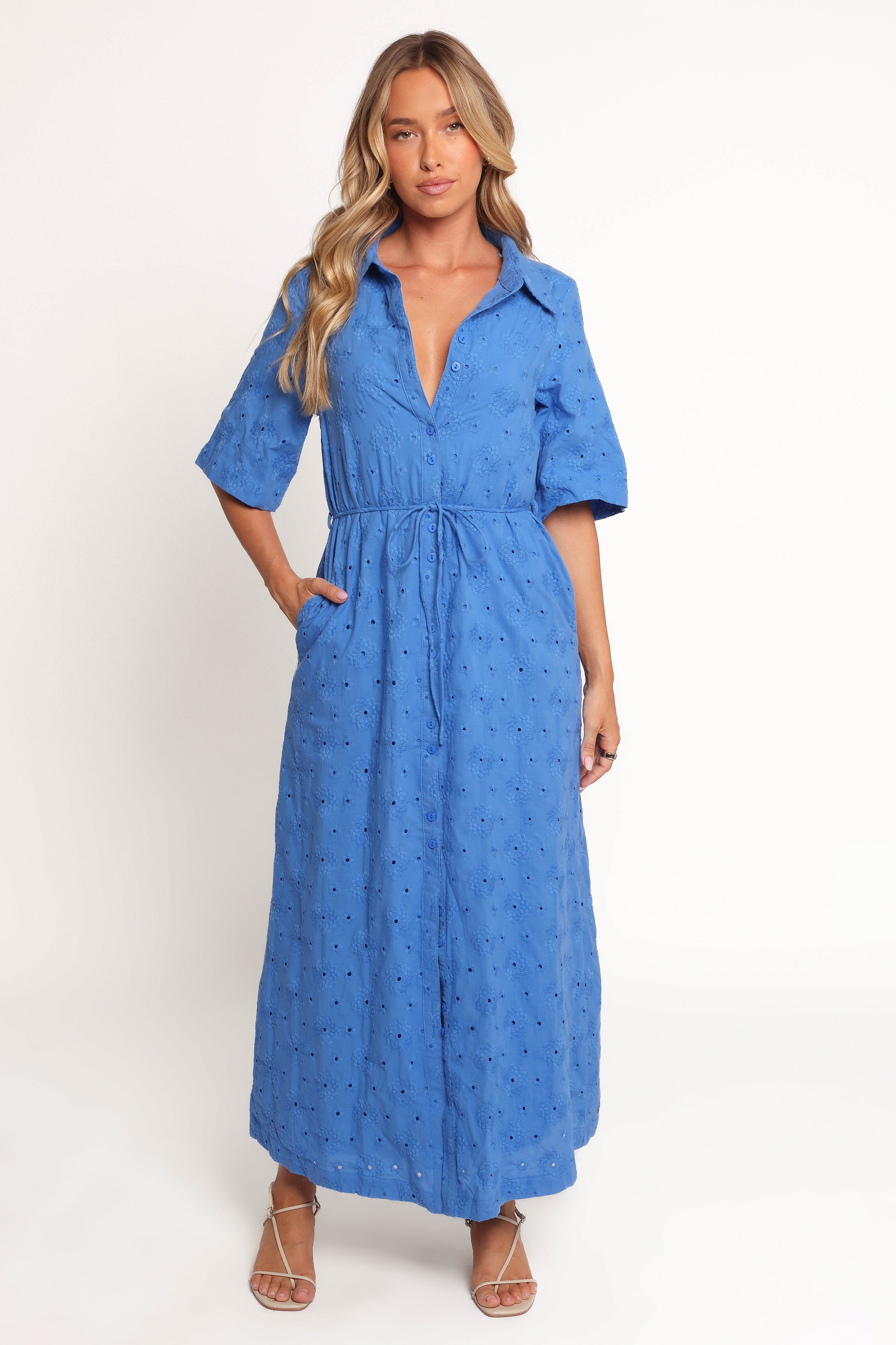 Petal and Pup USA DRESSES Cooper Embroidered Button Through Midi Dress - Cobalt