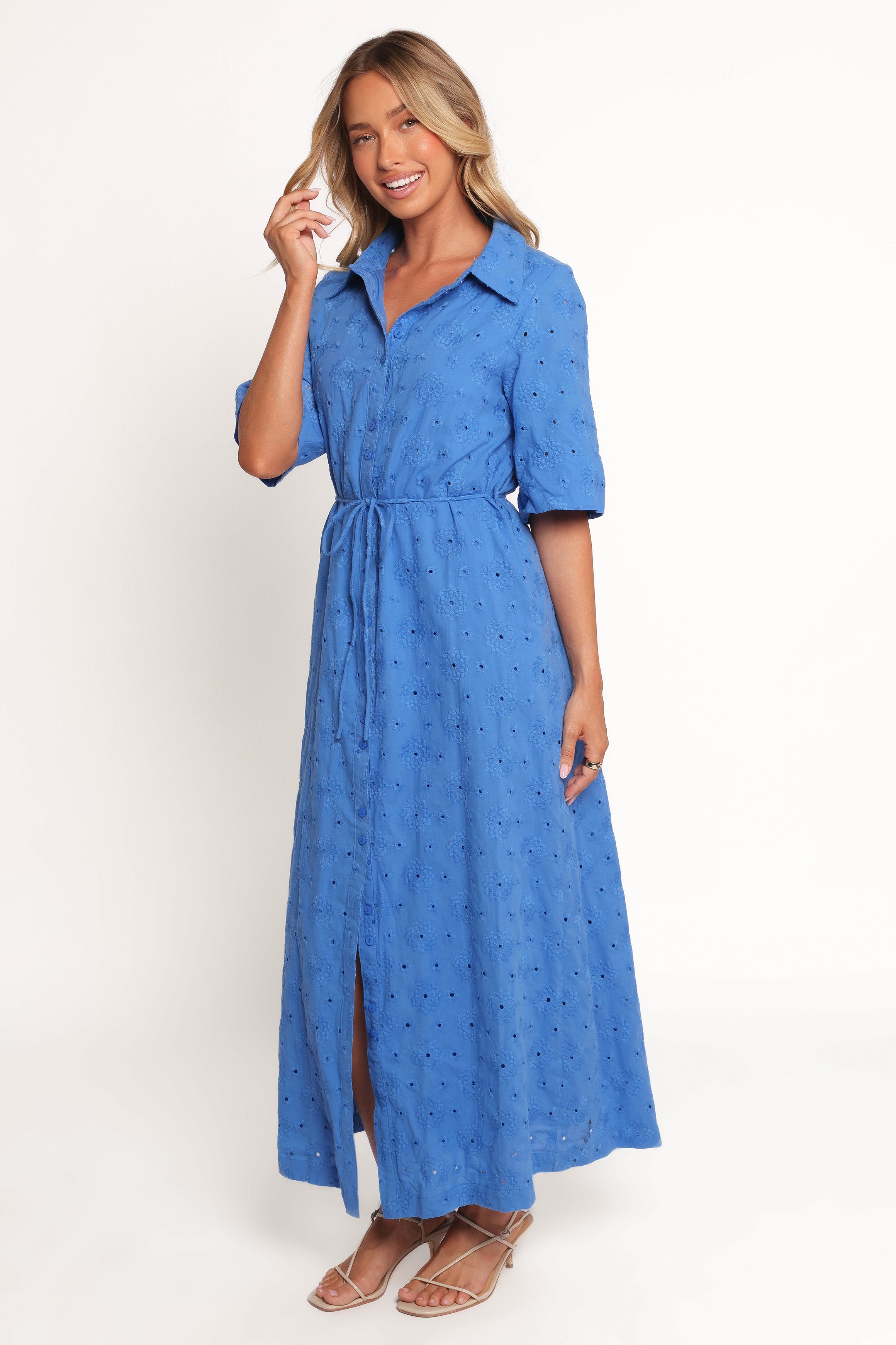 Petal and Pup USA DRESSES Cooper Embroidered Button Through Midi Dress - Cobalt