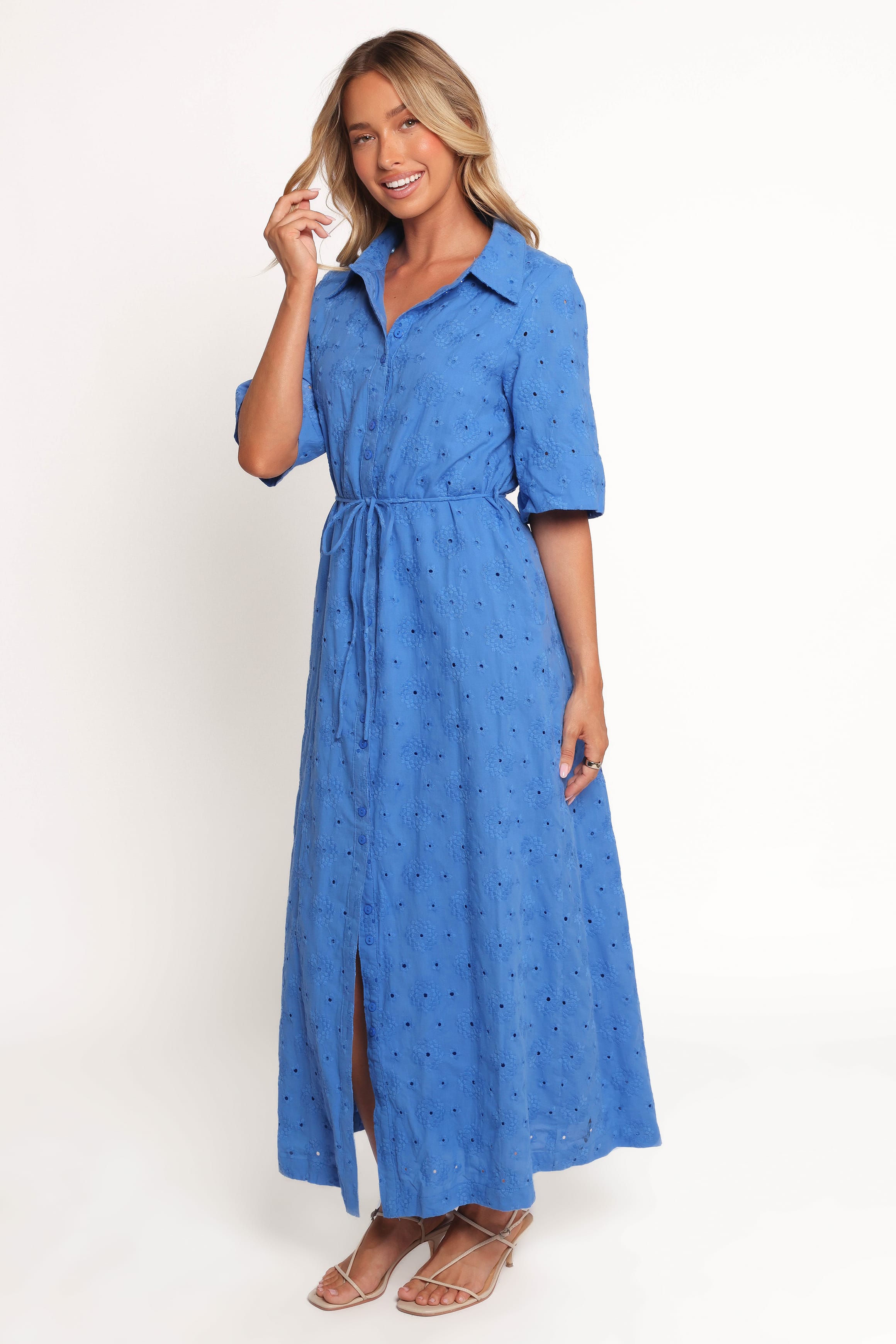 Petal and Pup USA DRESSES Cooper Embroidered Button Through Midi Dress - Cobalt