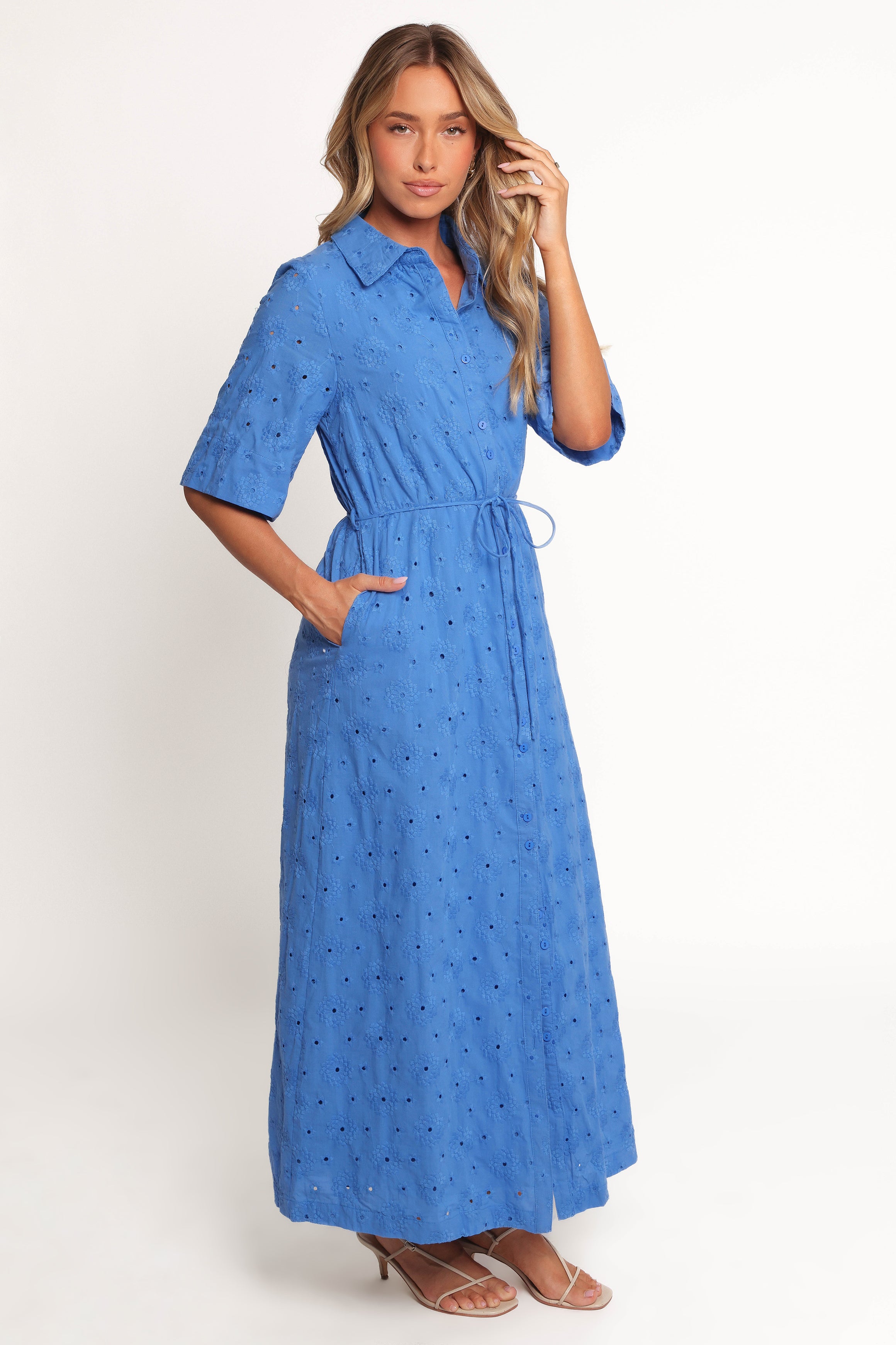 Petal and Pup USA DRESSES Cooper Embroidered Button Through Midi Dress - Cobalt