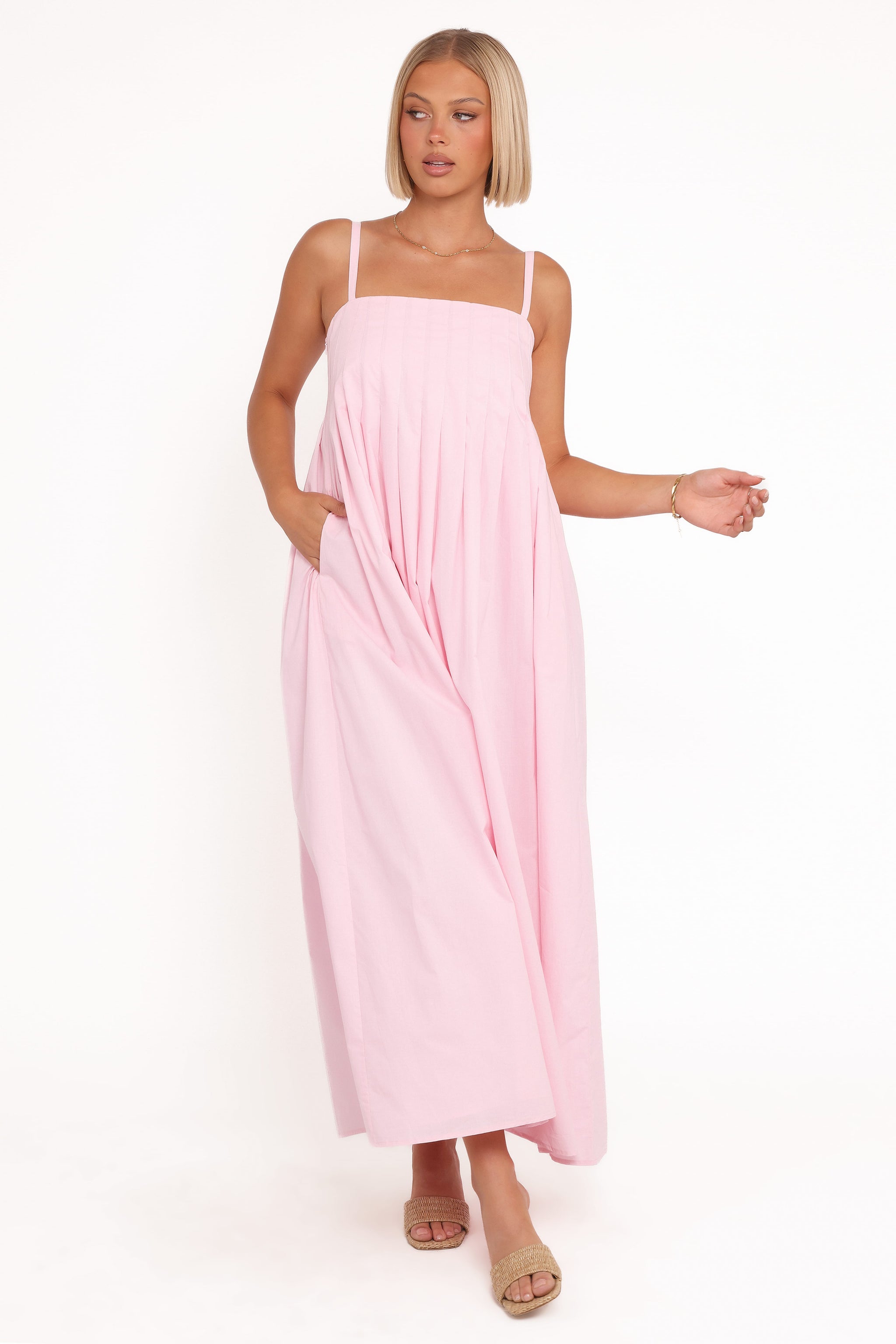 pink spaghetti strap midi dress Cotton Blush Pink Floral Midi Sundress with Pockets Blush Pink / Small