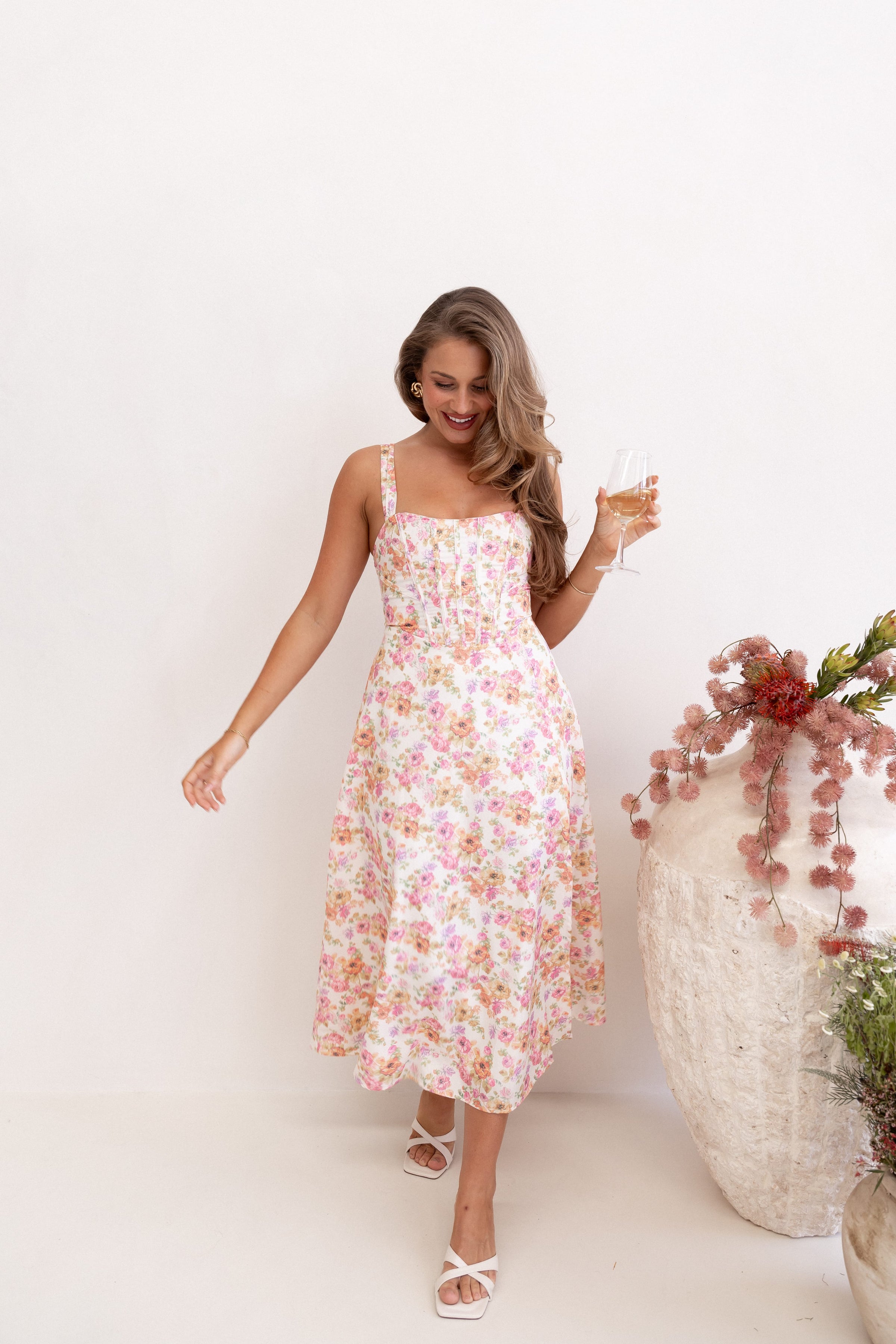 Petal and Pup USA DRESSES Cosima Midi Dress - Pink Floral