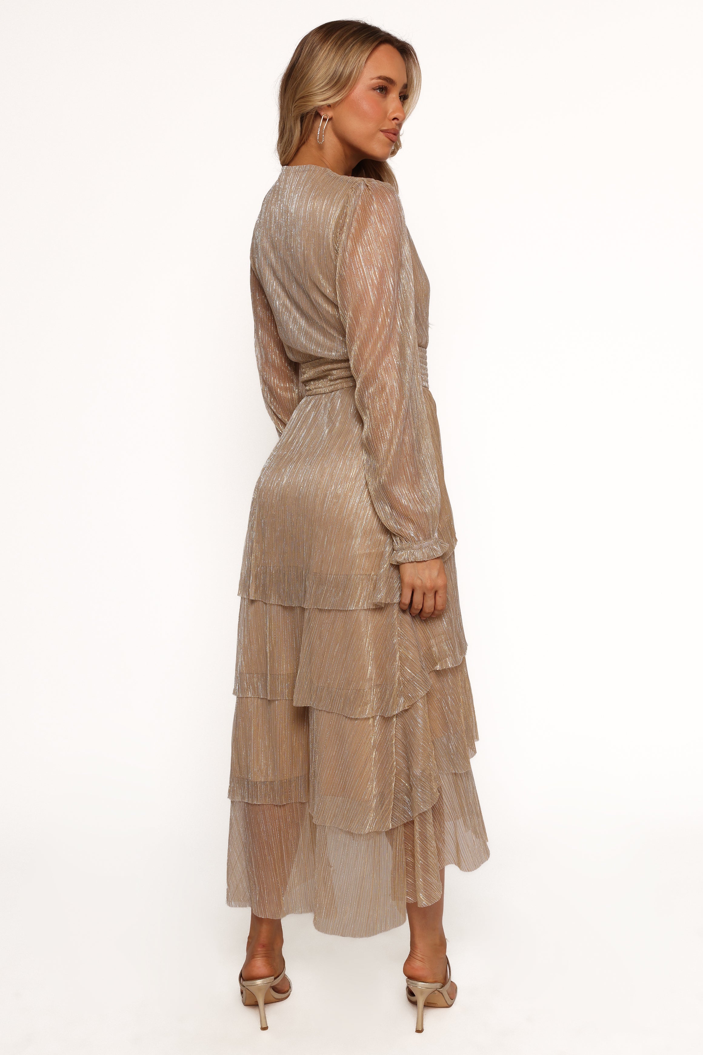 Petal and Pup USA DRESSES Cybil Pleated Tiered Midi Dress - Champagne Gold