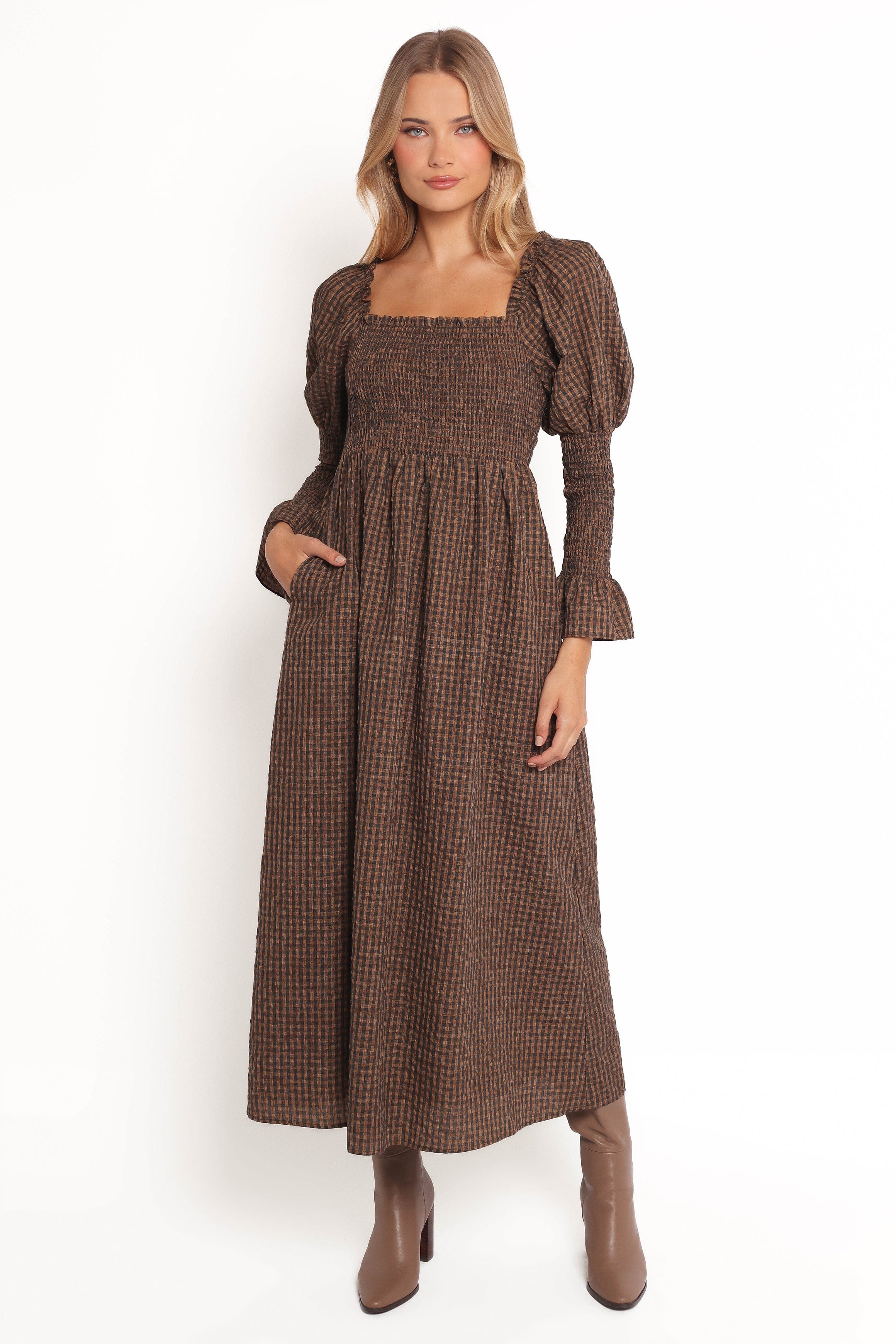 Petal and Pup USA DRESSES Cyrena Maxi Dress - Brown Check