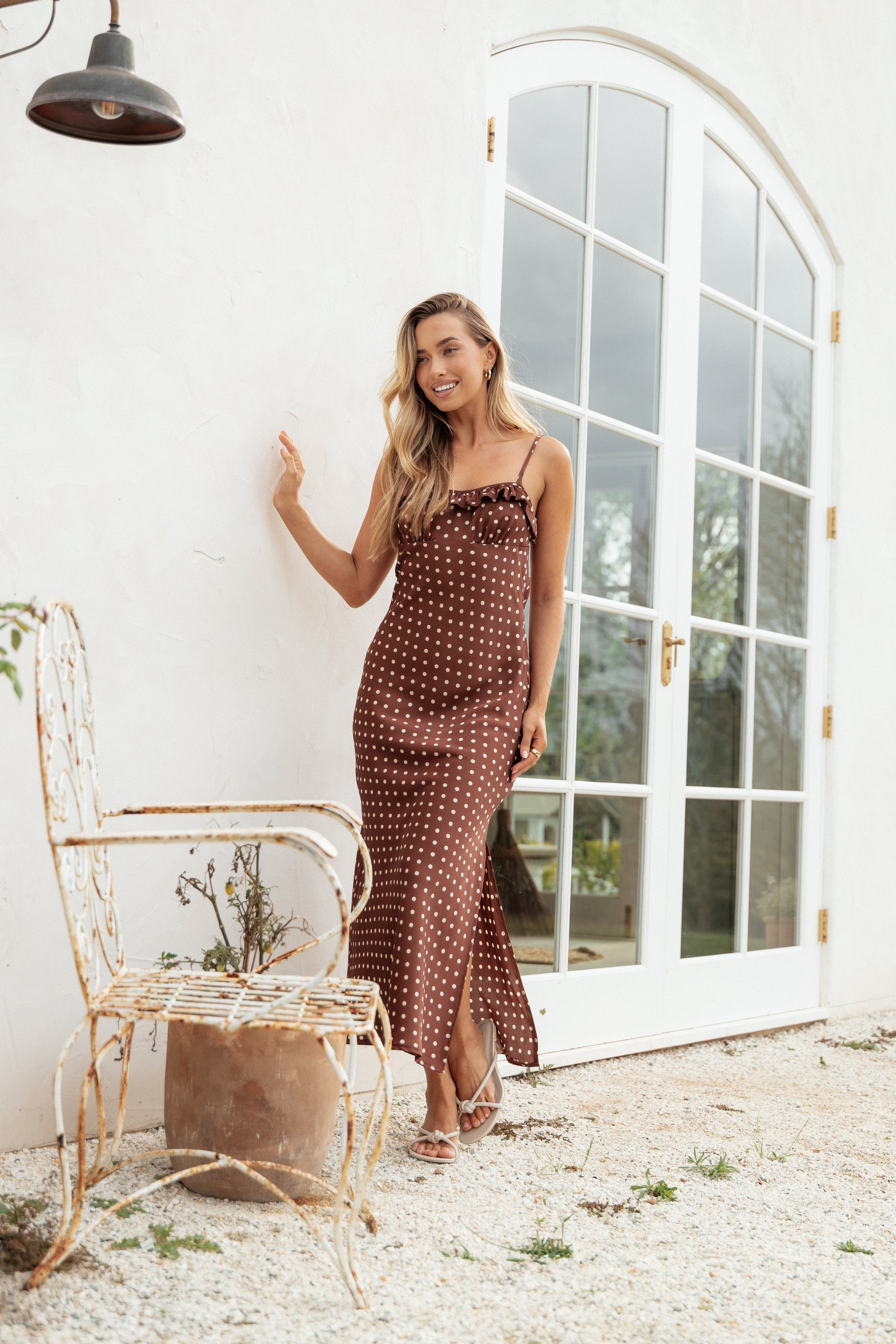Petal and Pup USA DRESSES Dara Midi Dress - Brown Polka Dot