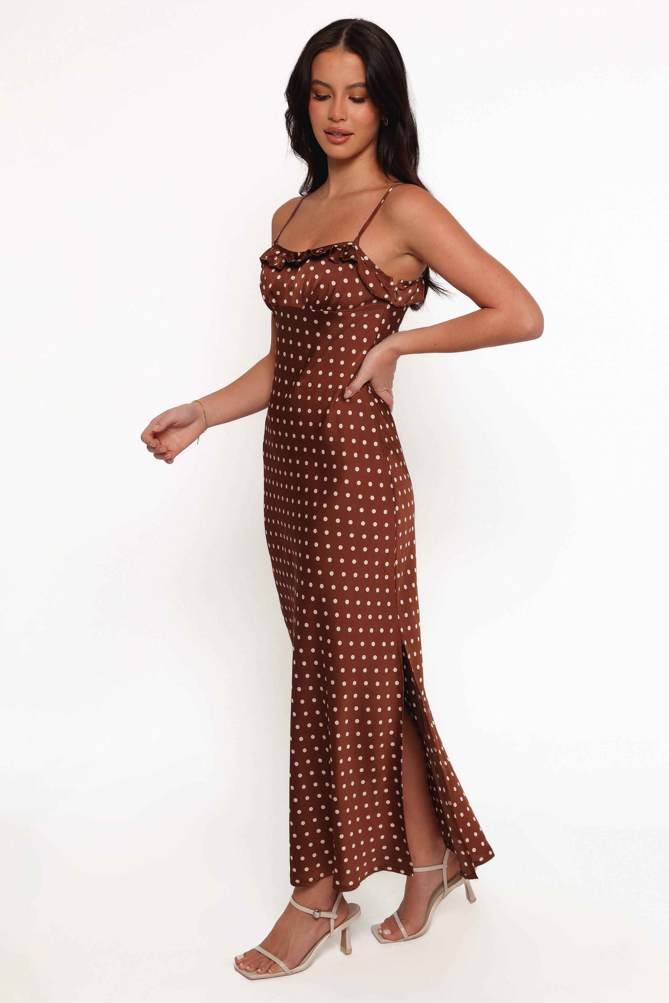 Petal and Pup USA DRESSES Dara Midi Dress - Brown Polka Dot