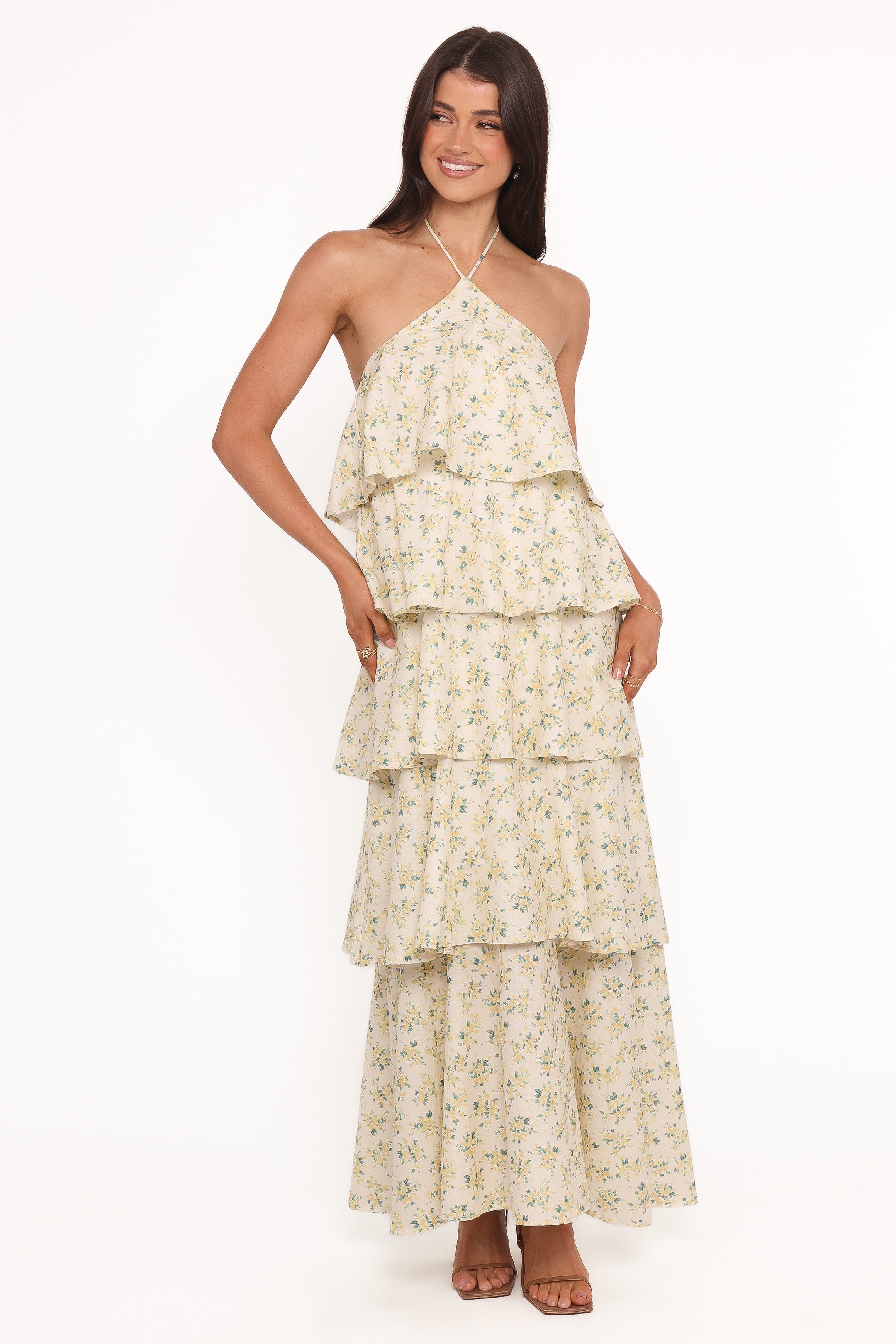Petal and Pup USA DRESSES Darlia Halterneck Maxi Dress - Yellow Floral