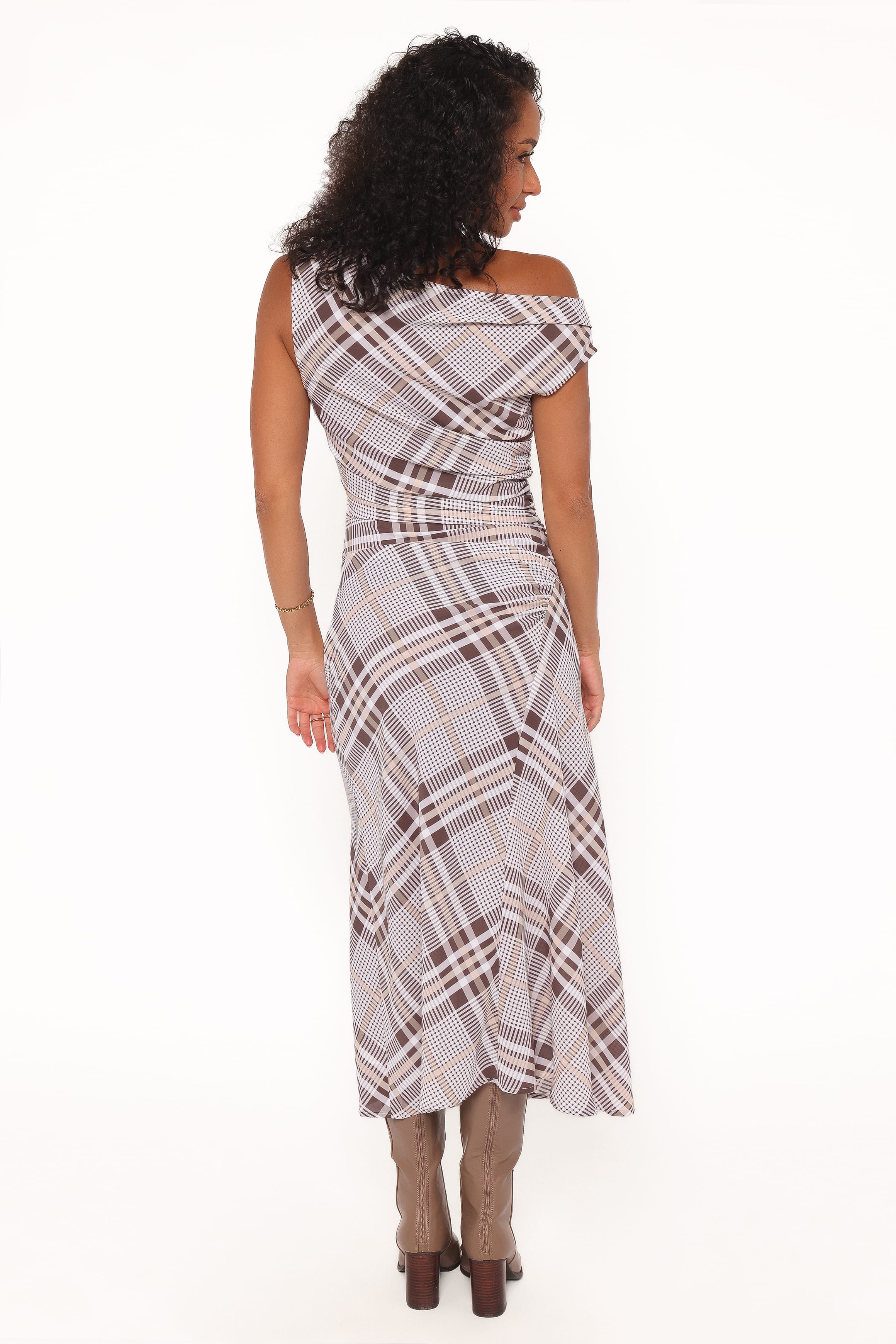 Petal and Pup USA DRESSES Dawn Off Shoulder Midi Dress - Plaid