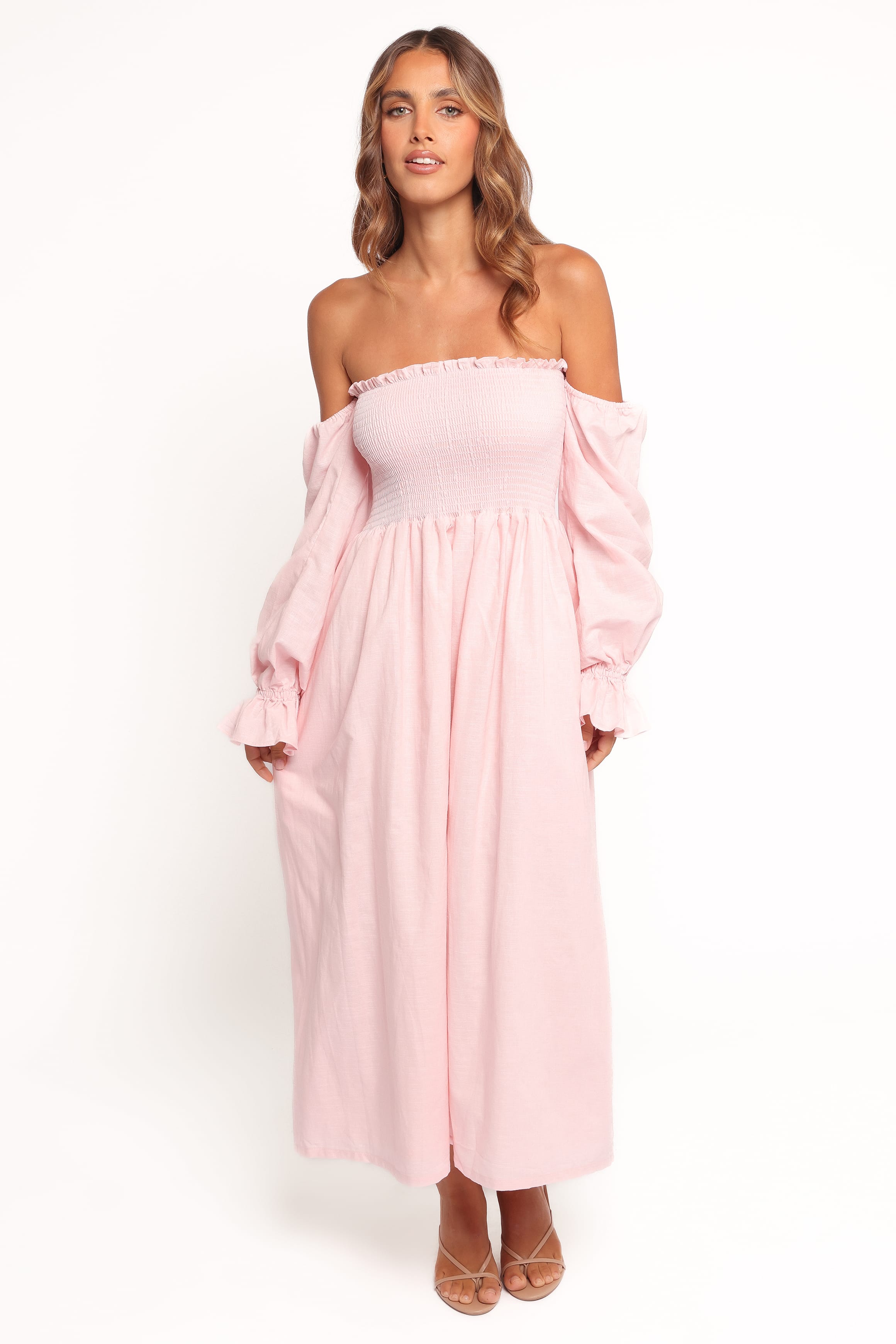 Petal and Pup USA DRESSES Domenica Shirred Long Sleeve Midi Dress - Pink