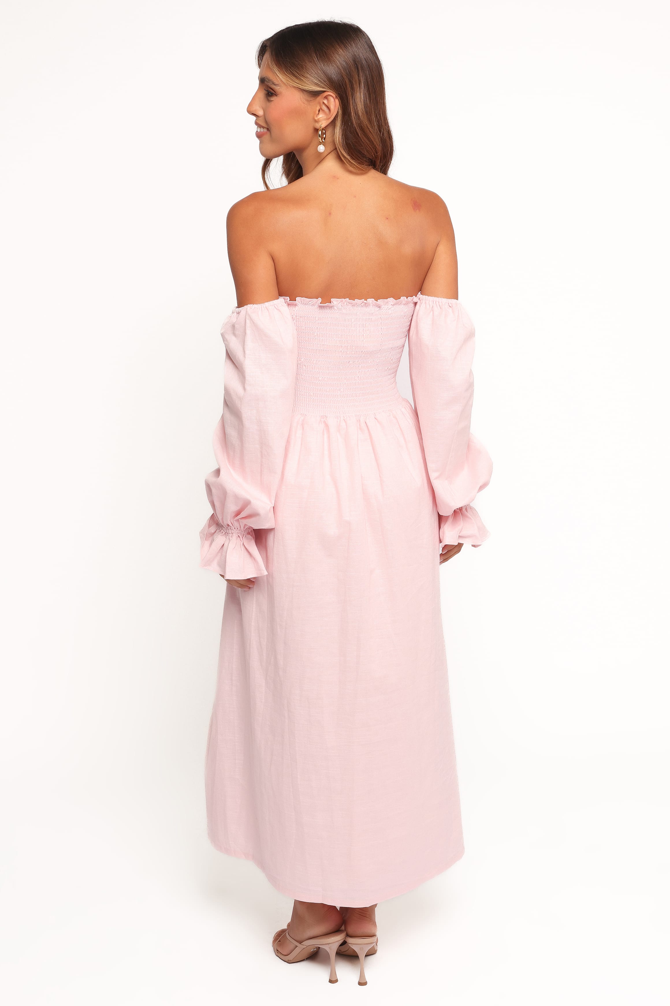 Petal and Pup USA DRESSES Domenica Shirred Long Sleeve Midi Dress - Pink