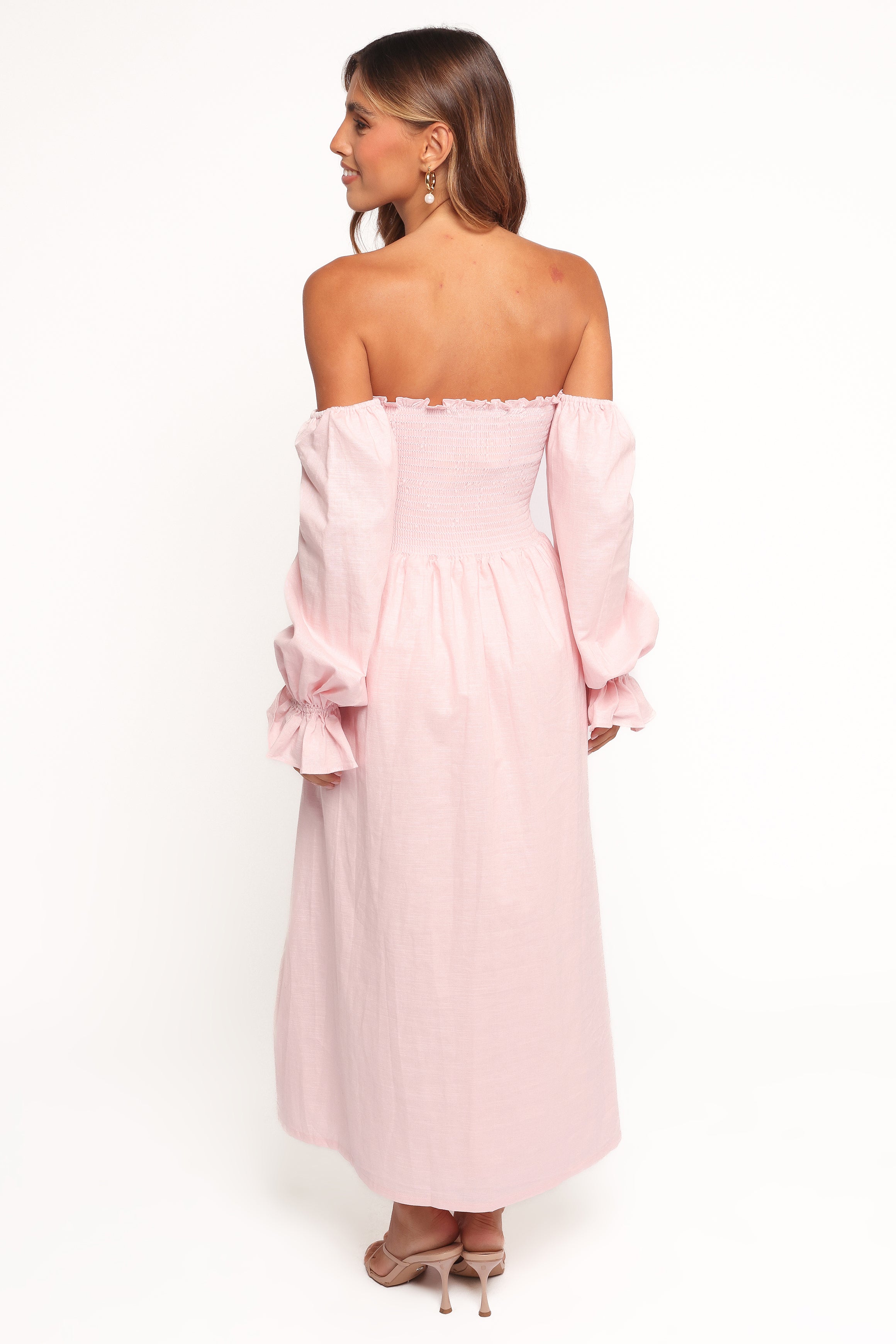 Petal and Pup USA DRESSES Domenica Shirred Long Sleeve Midi Dress - Pink