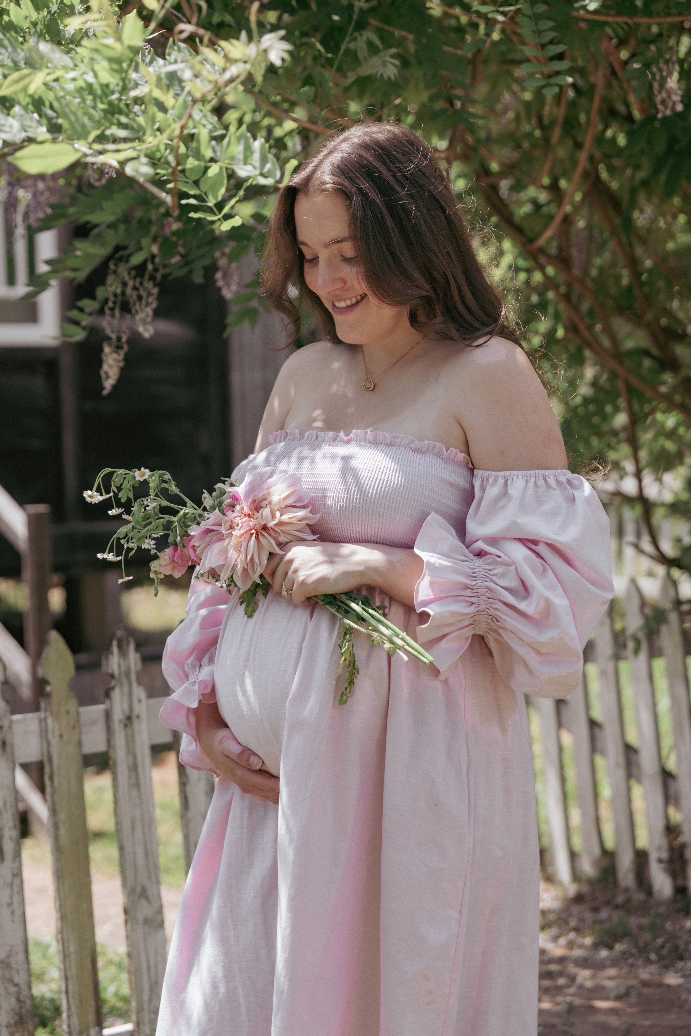 Petal and Pup USA DRESSES Domenica Shirred Long Sleeve Midi Dress - Pink