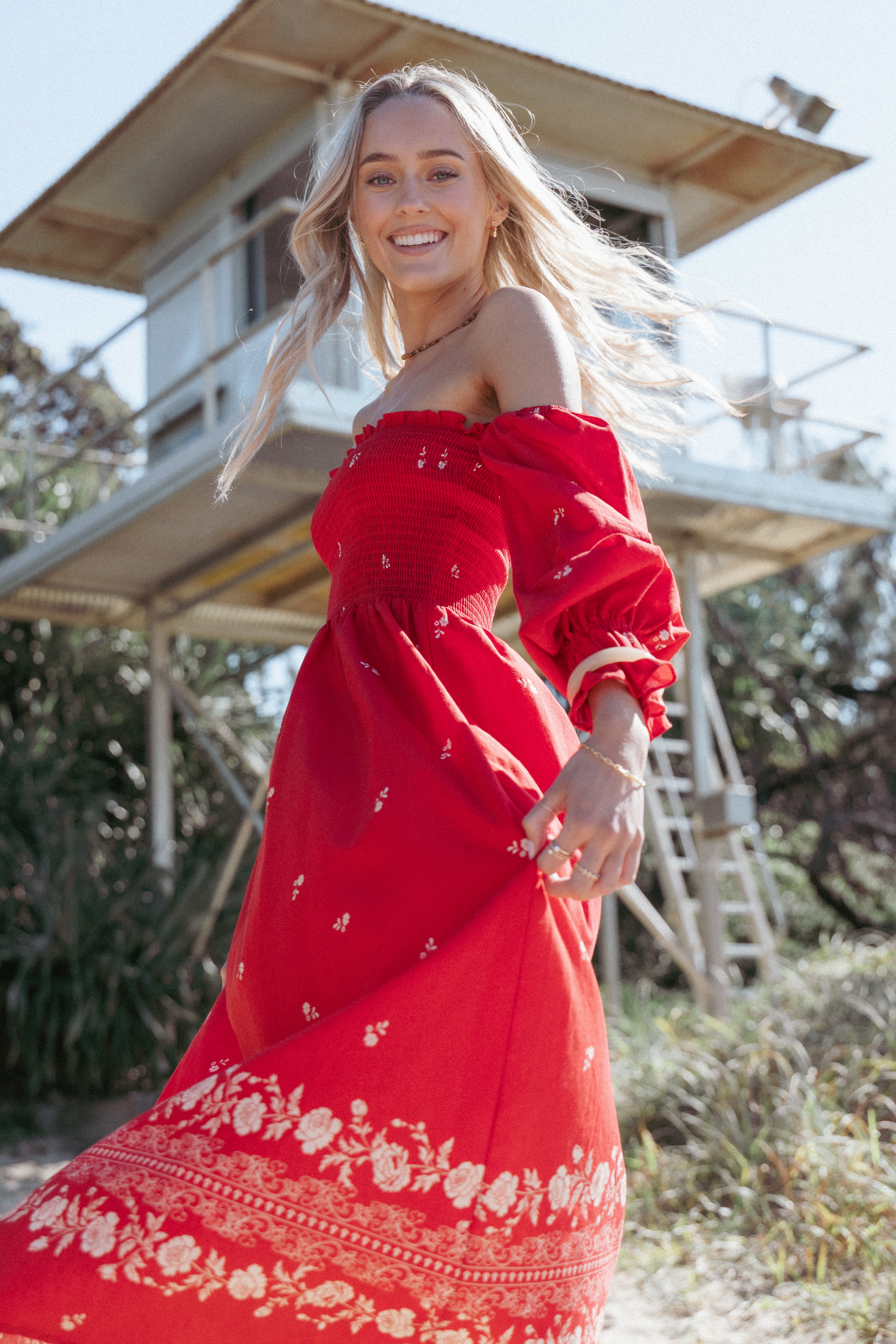 Petal and Pup USA DRESSES Domenica Shirred Long Sleeve Midi Dress - Red Floral Bandana (Hold for Amazon)