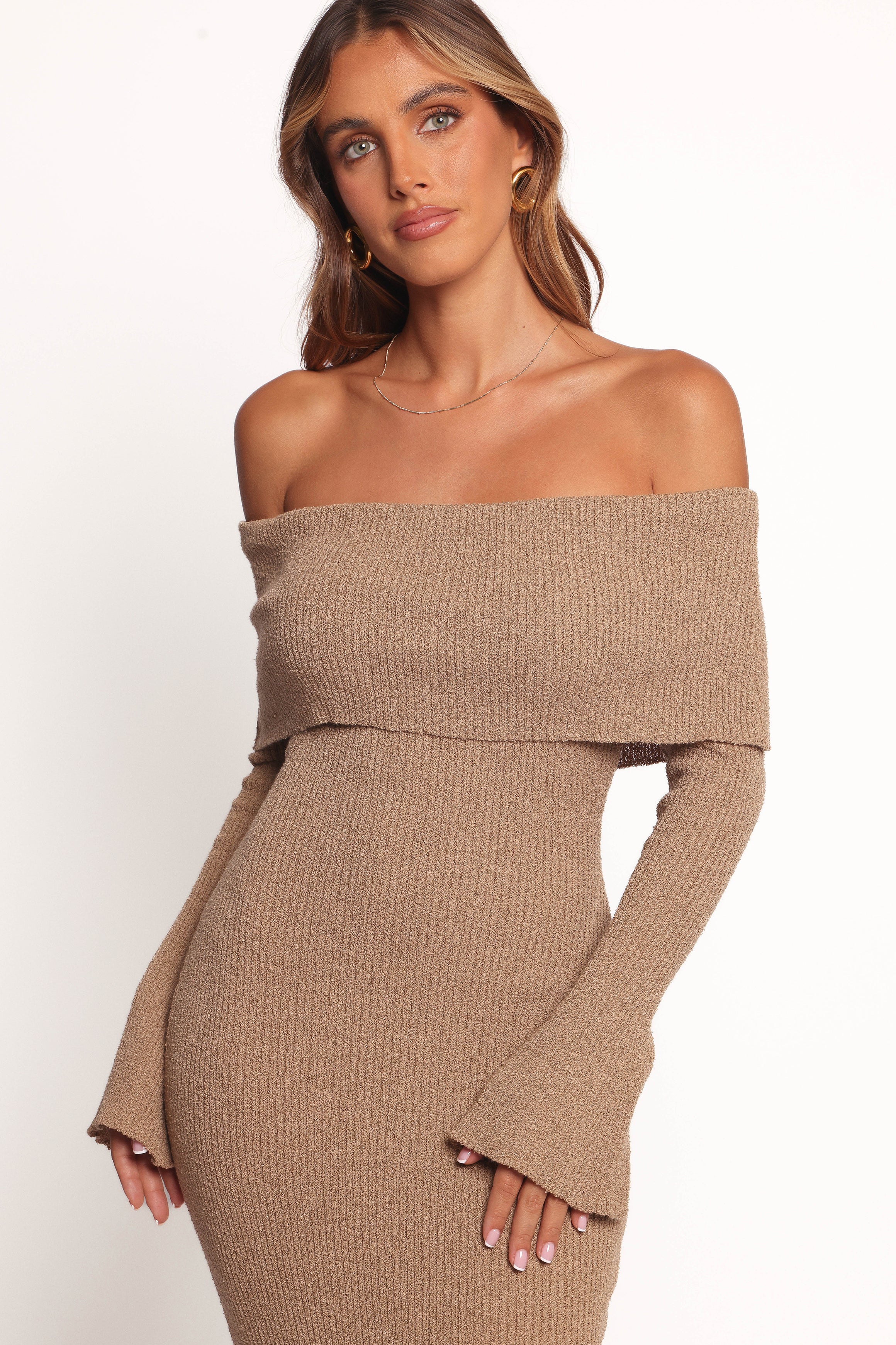 Petal and Pup USA DRESSES Domitia Off Shoulder Knit Dress - Brown