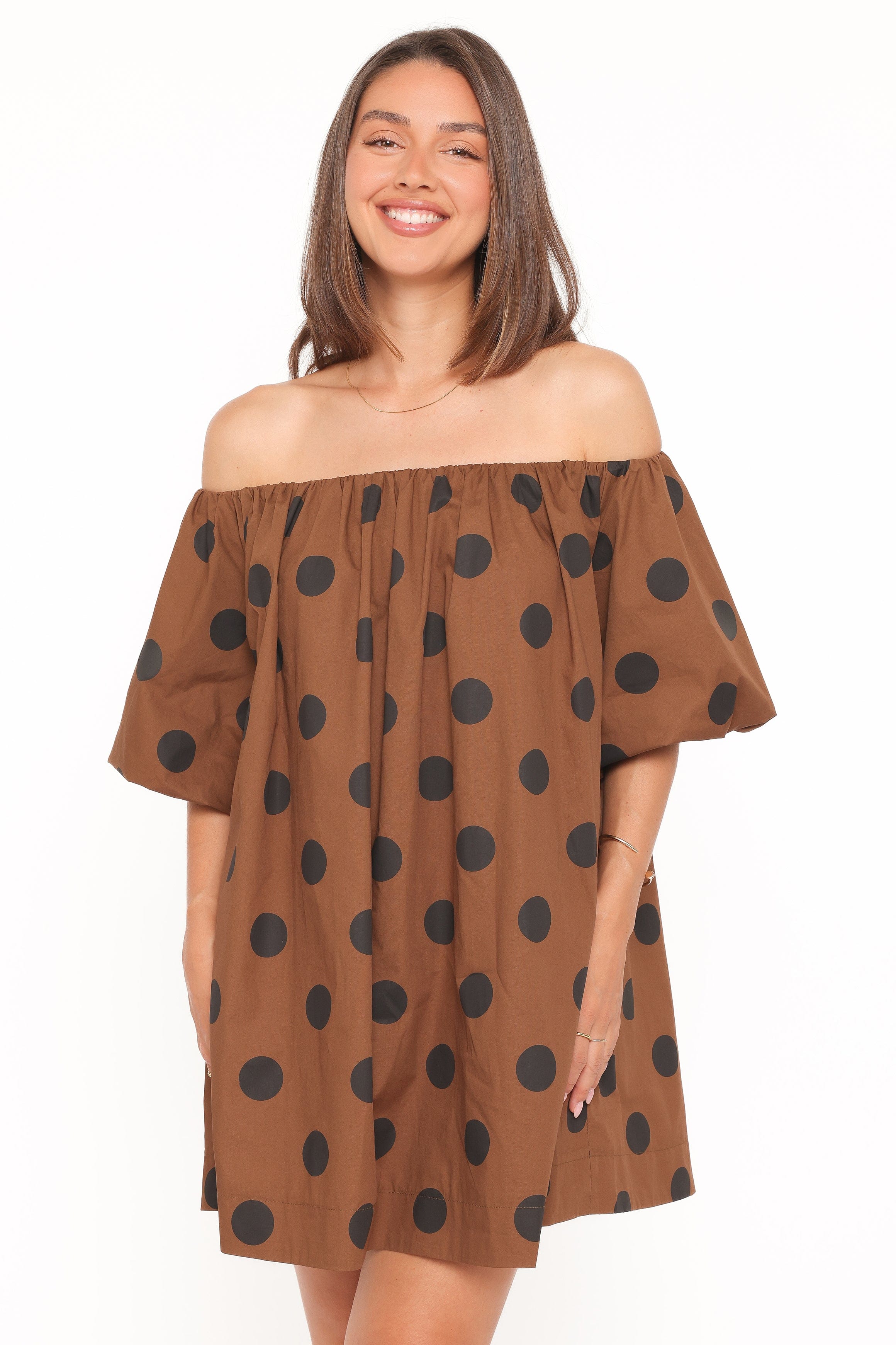 Petal and Pup USA DRESSES Eddie Mini Dress - Brown Polka Dot