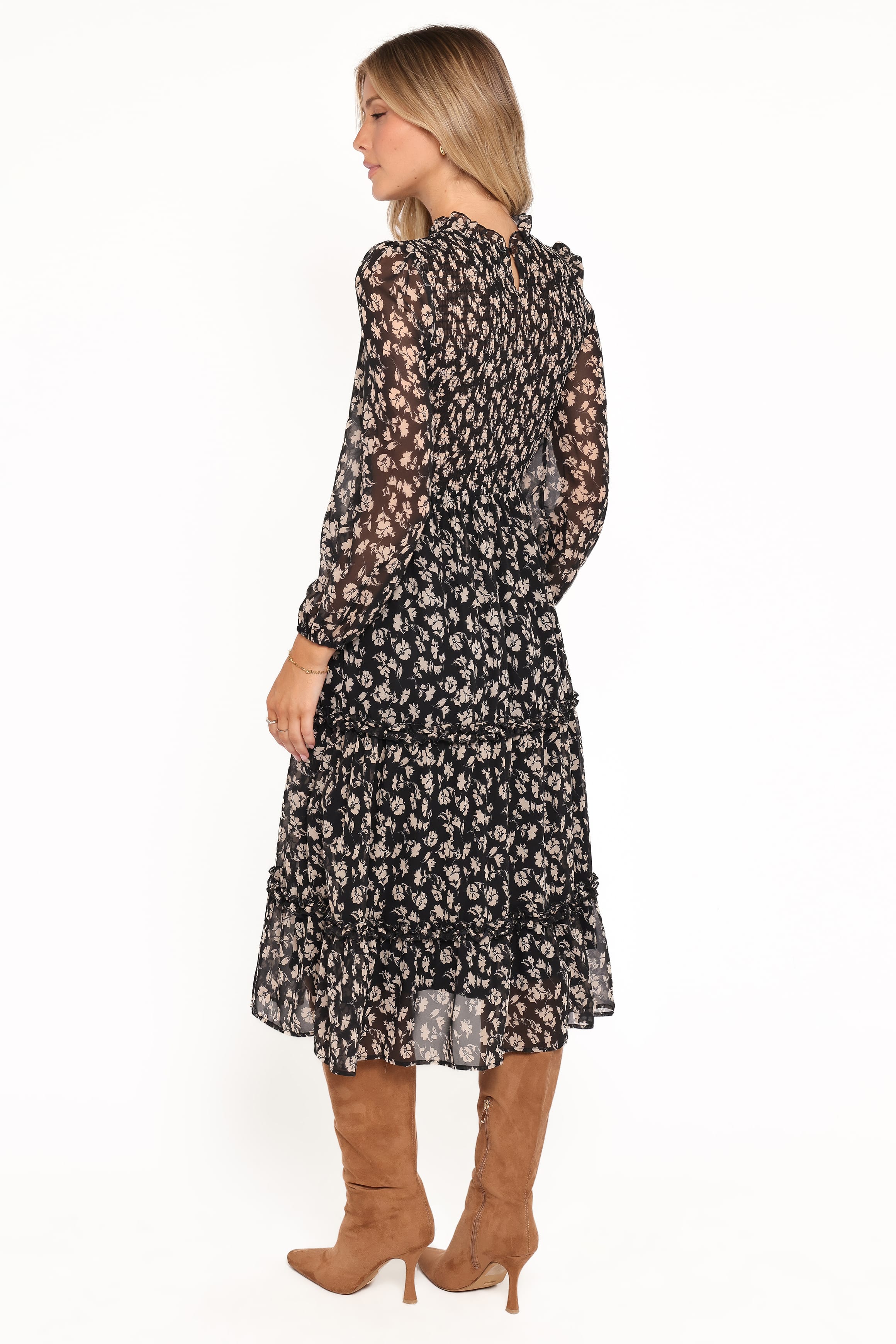 Petal and Pup USA DRESSES Edwina Shirred Frill Long Sleeve Midi Dress - Black Ditsy Floral