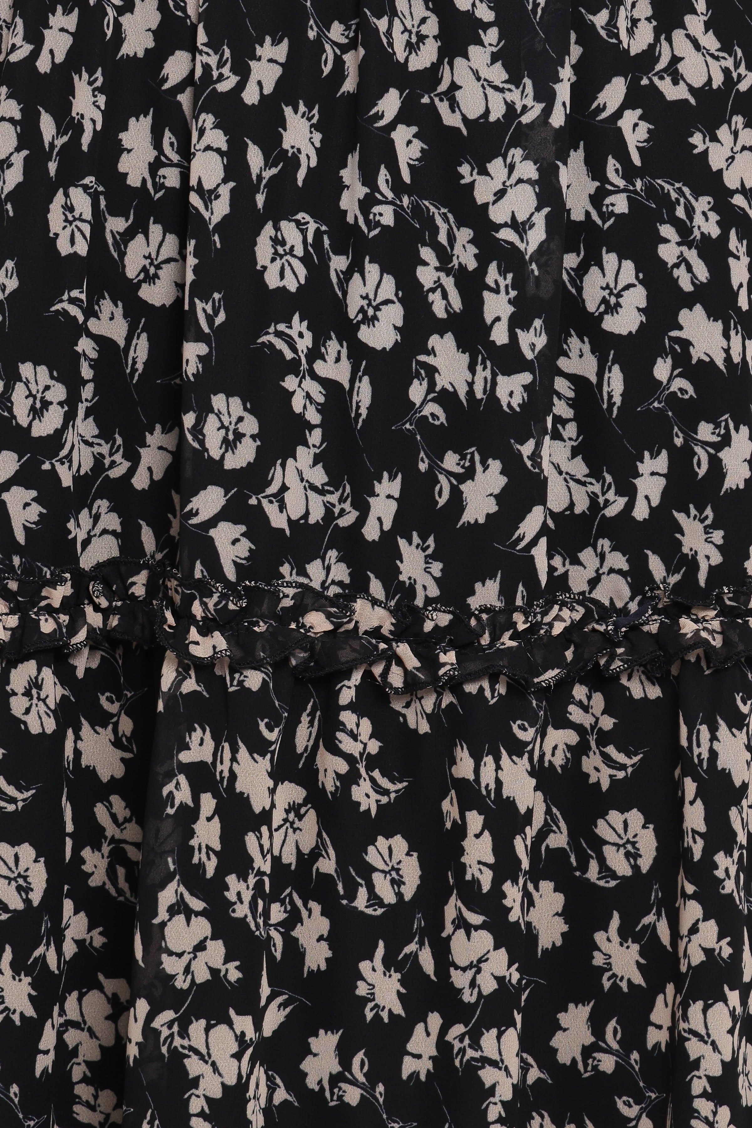 Petal and Pup USA DRESSES Edwina Shirred Frill Long Sleeve Midi Dress - Black Ditsy Floral