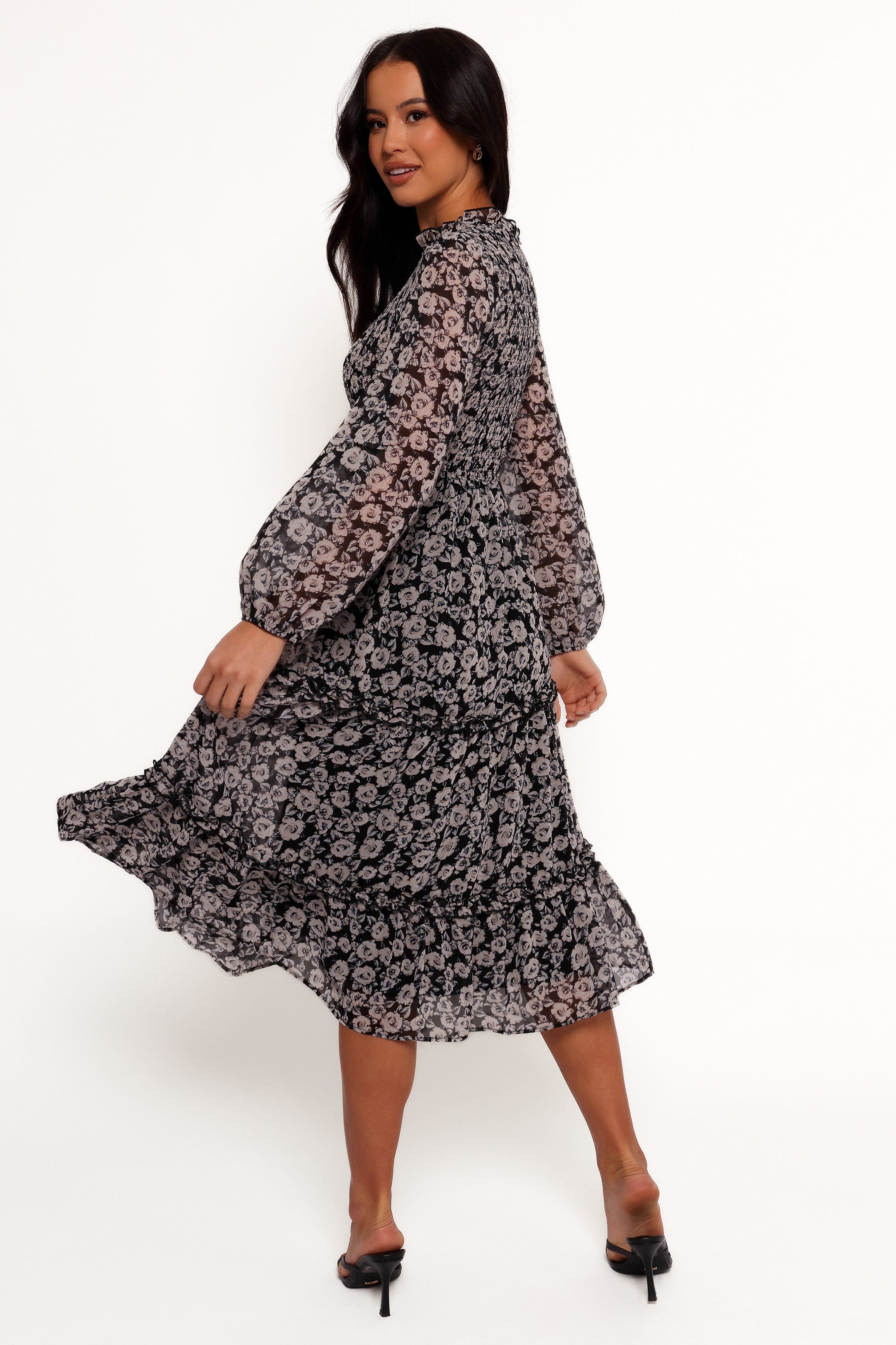 Petal and Pup USA DRESSES Edwina Shirred Frill Long Sleeve Midi Dress - Black Floral