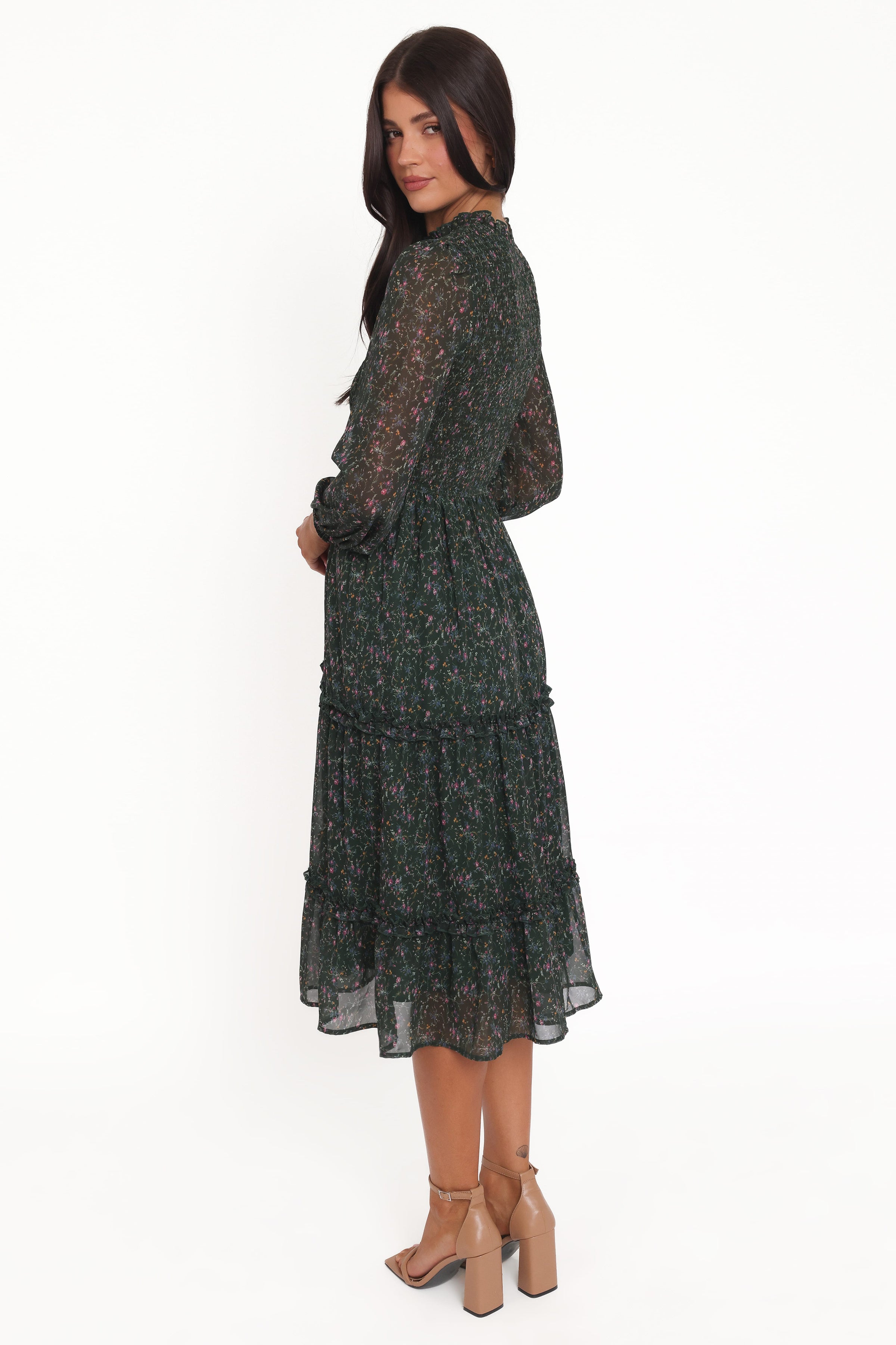 Petal and Pup USA DRESSES Edwina Shirred Frill Long Sleeve Midi Dress - Olive Floral