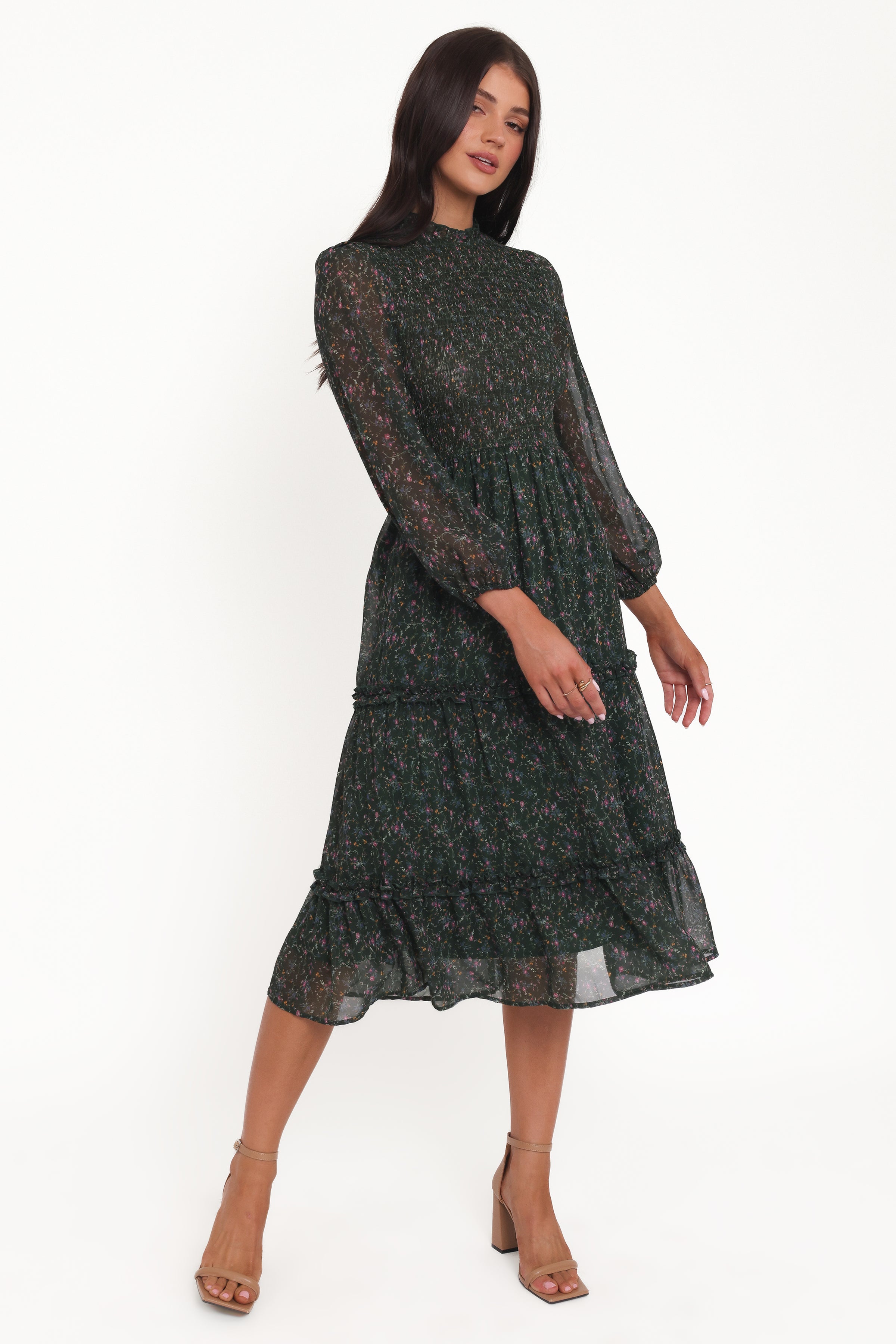 Petal and Pup USA DRESSES Edwina Shirred Frill Long Sleeve Midi Dress - Olive Floral