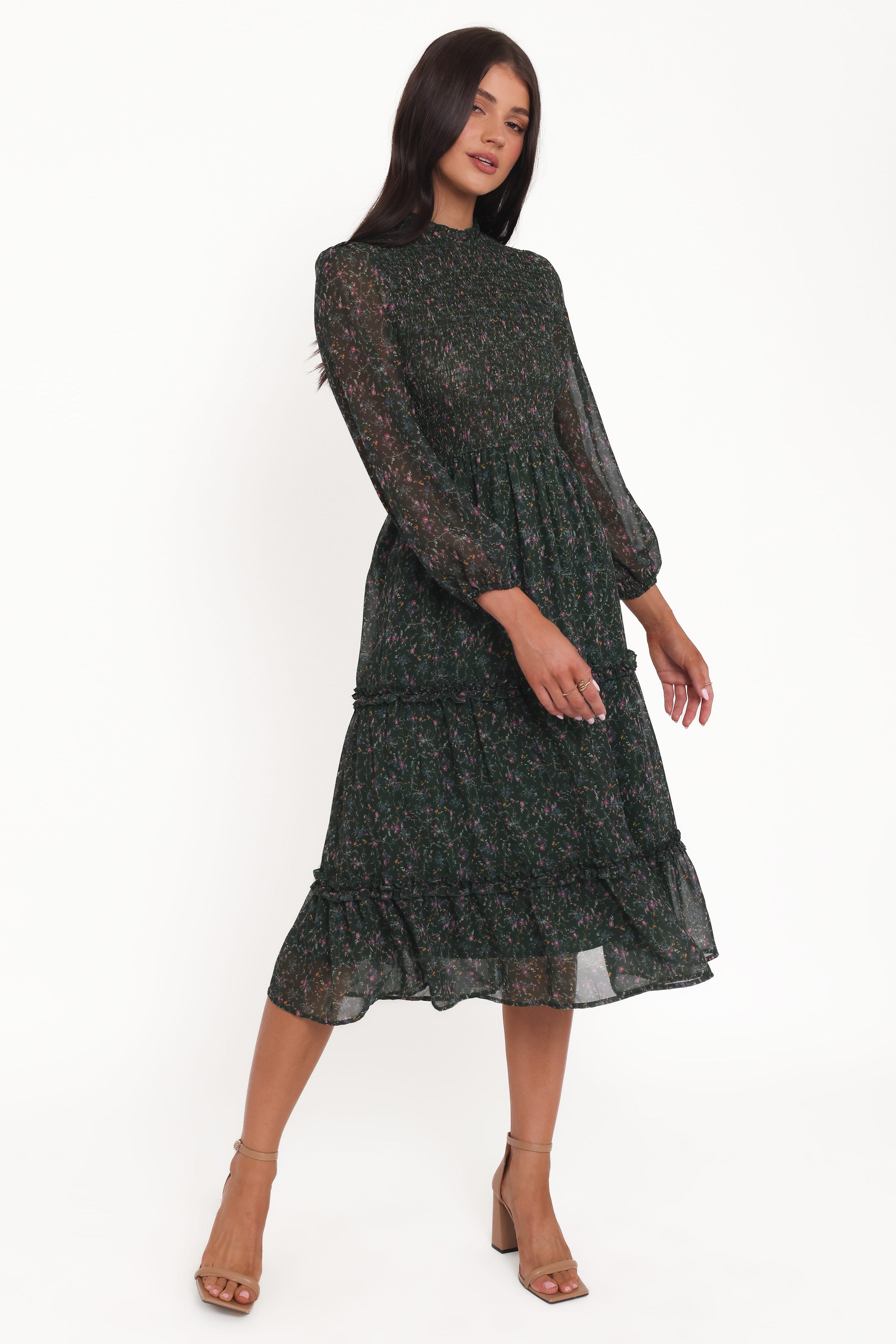 Petal and Pup USA DRESSES Edwina Shirred Frill Long Sleeve Midi Dress - Olive Floral