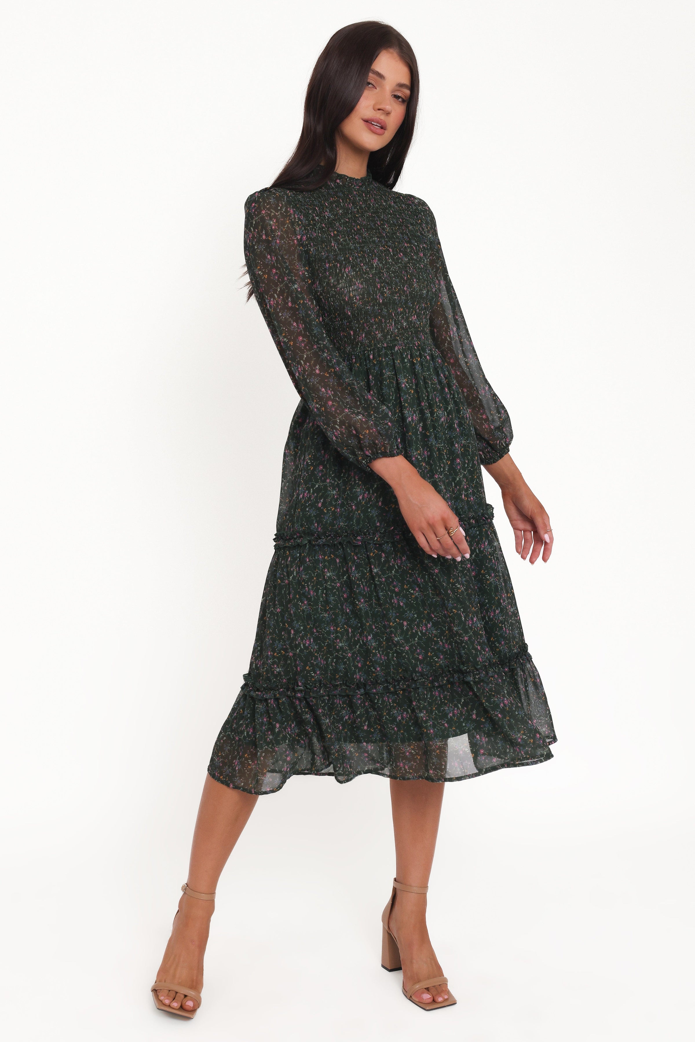 Petal and Pup USA DRESSES Edwina Shirred Frill Long Sleeve Midi Dress - Olive Floral