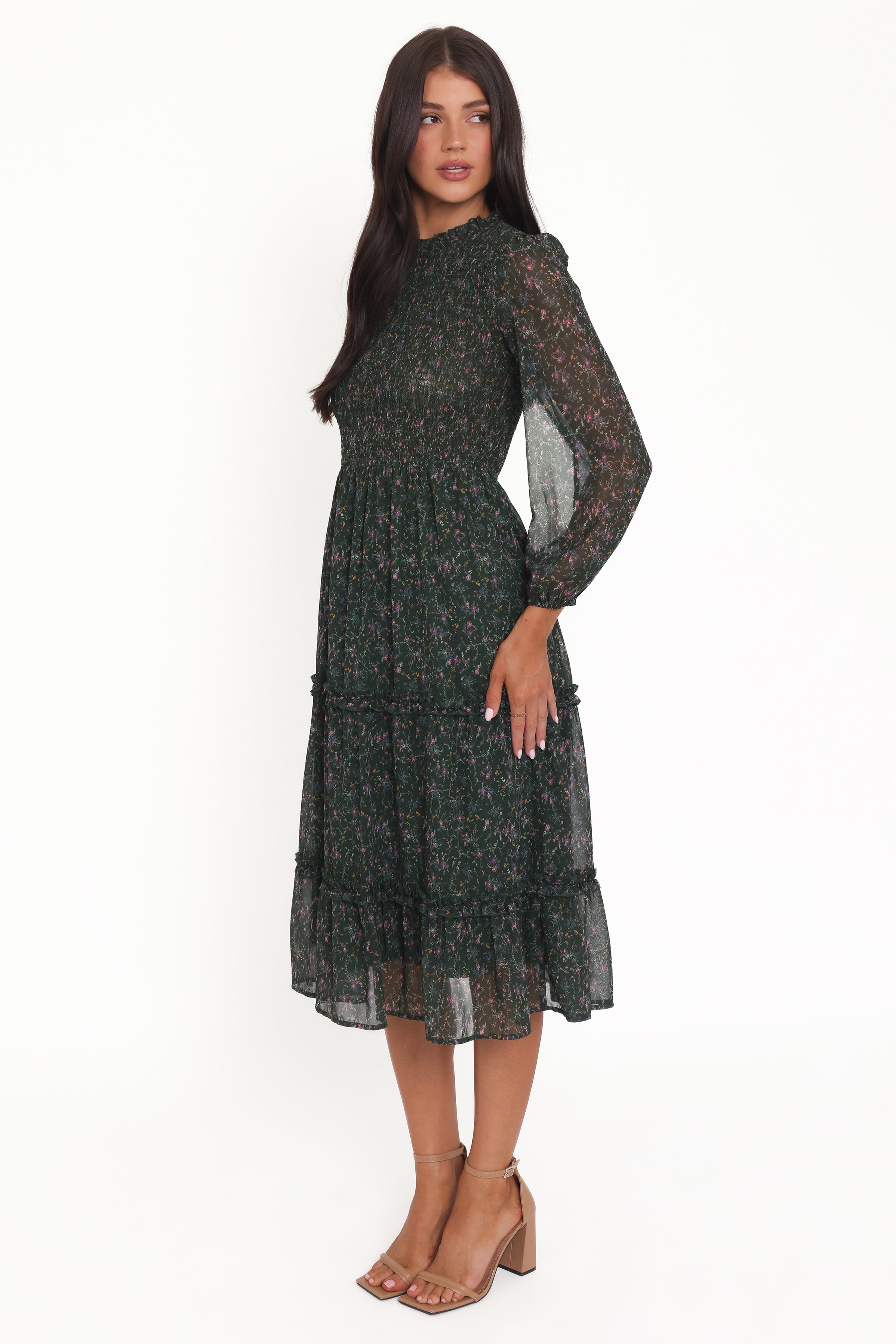 Petal and Pup USA DRESSES Edwina Shirred Frill Long Sleeve Midi Dress - Olive Floral