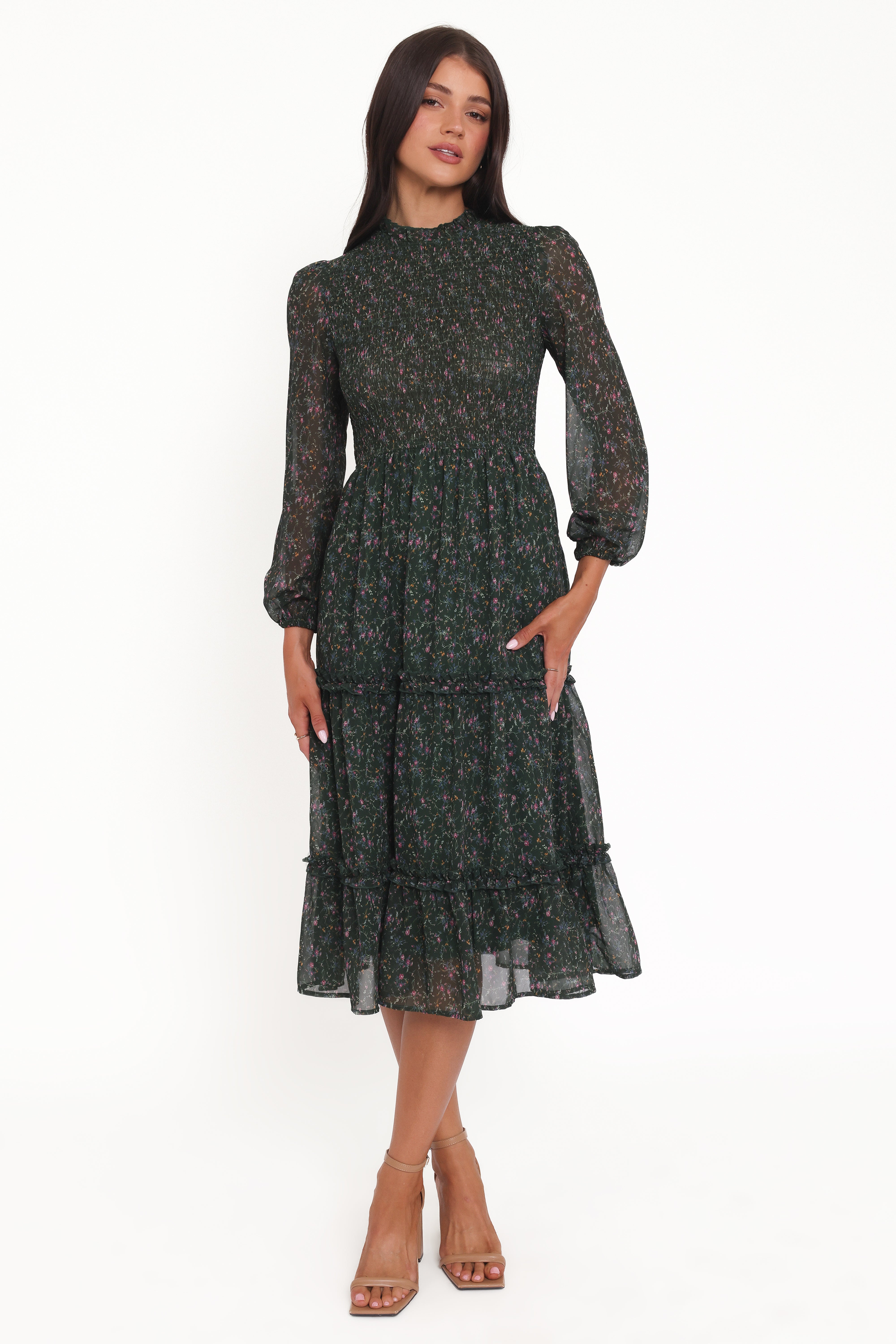 Petal and Pup USA DRESSES Edwina Shirred Frill Long Sleeve Midi Dress - Olive Floral