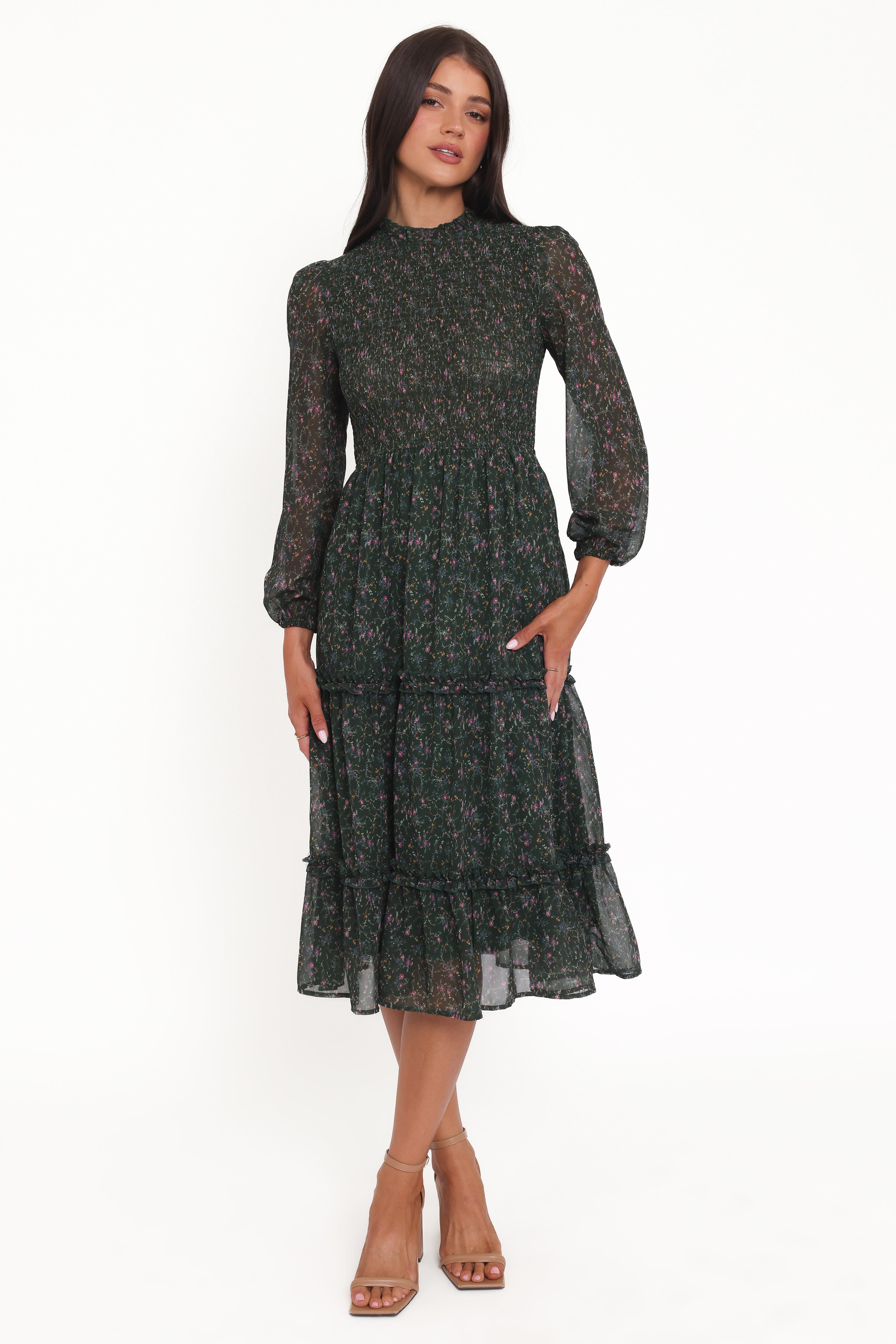 Petal and Pup USA DRESSES Edwina Shirred Frill Long Sleeve Midi Dress - Olive Floral