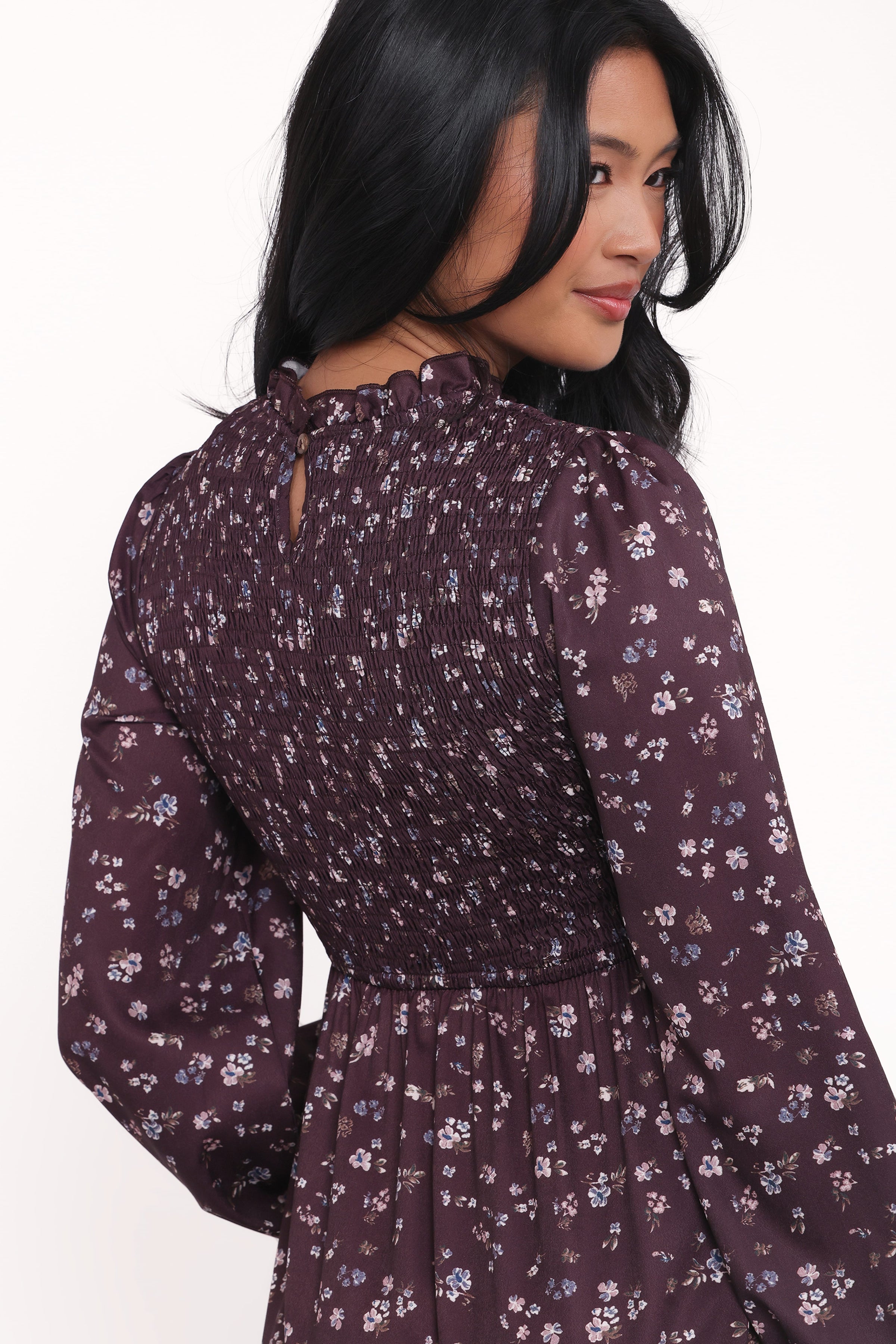 Petal and Pup USA DRESSES Edwina Shirred Frill Long Sleeve Midi Dress - Plum Floral