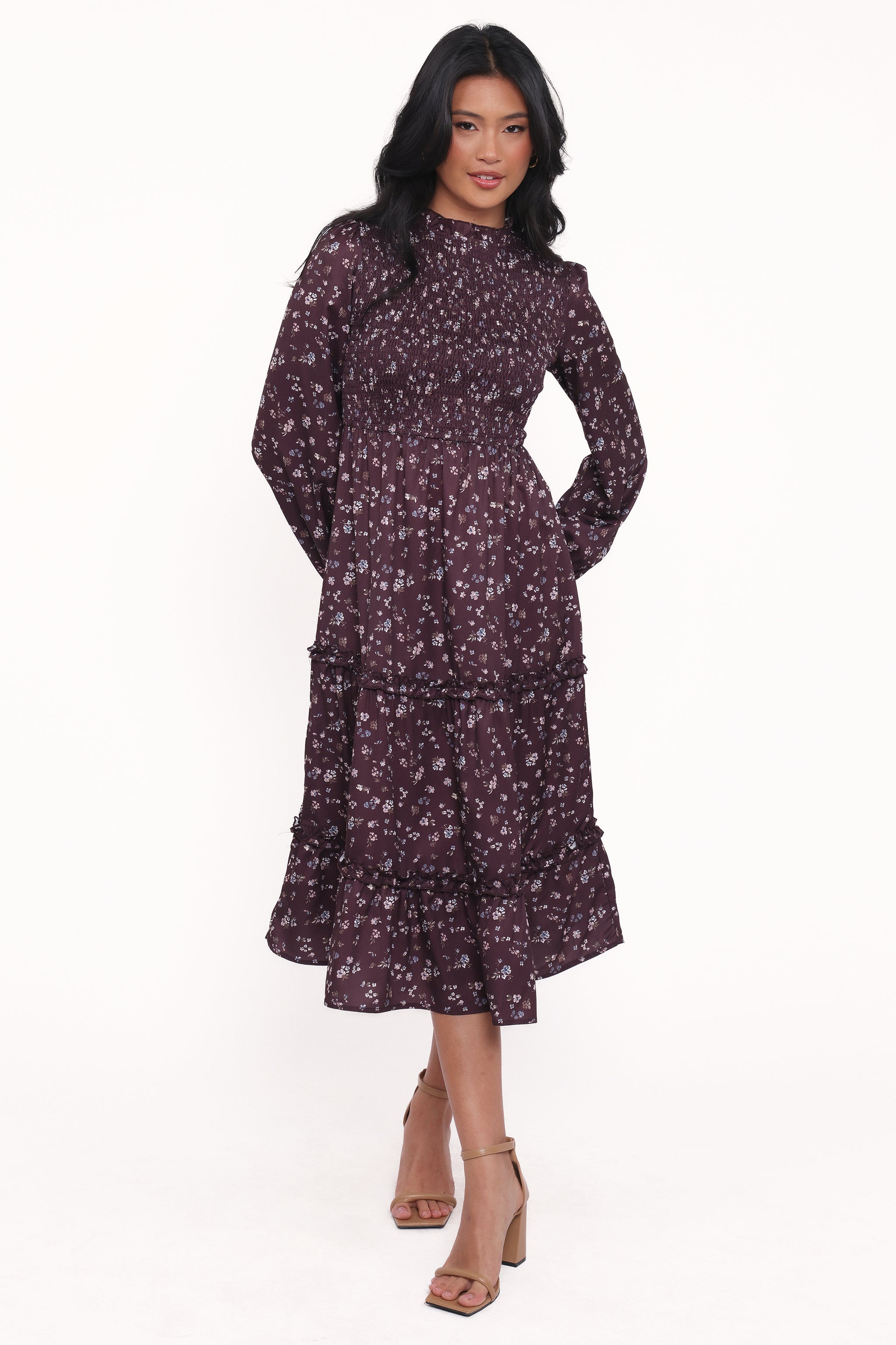 Petal and Pup Women's Edwina Shirred Frill Long Sleeve Midi Dress - Plum Floral Petal and Pup Women's Edwina Shirred Frill Long Sleeve Midi Dress - Plum Floral