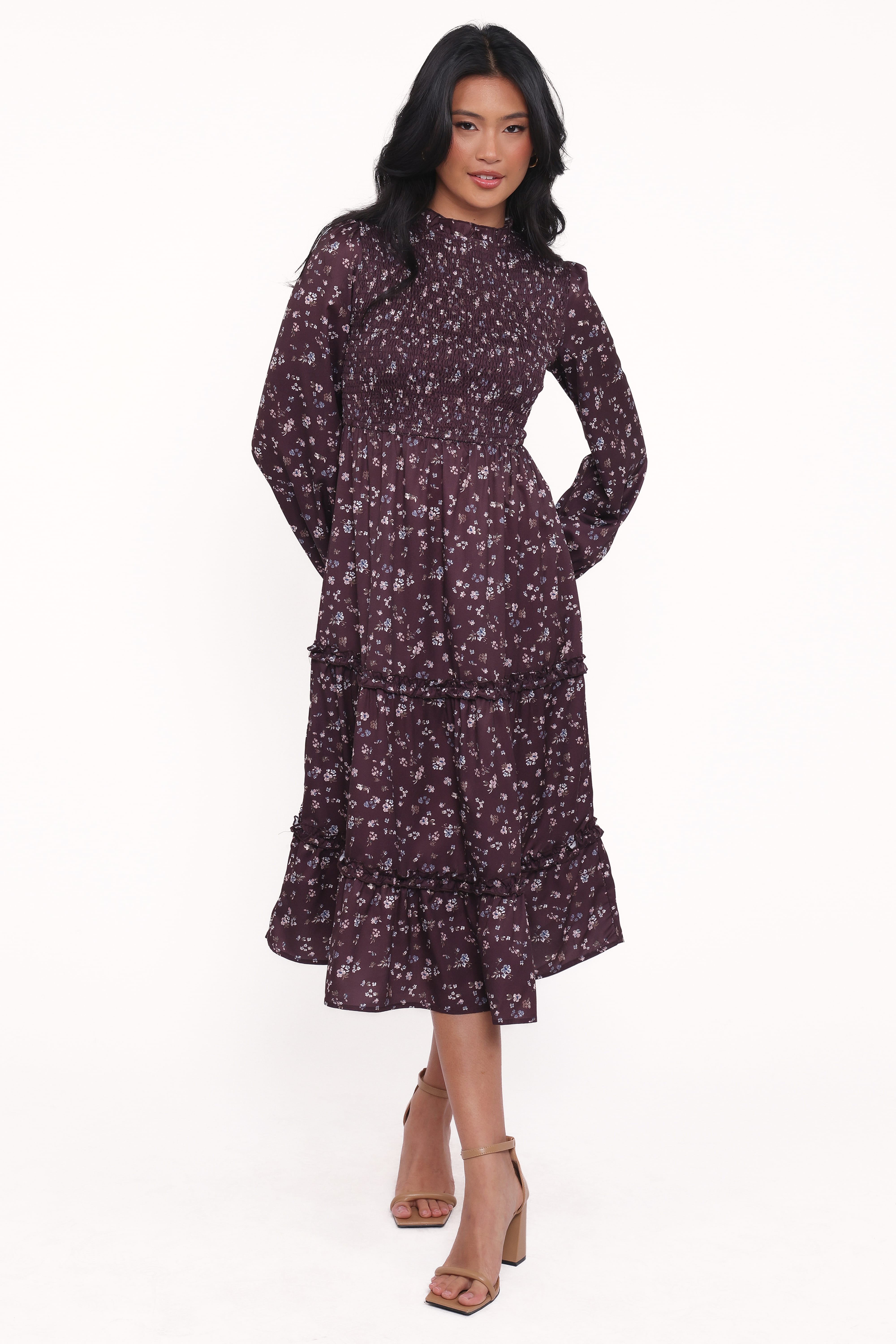 Petal and Pup USA DRESSES Edwina Shirred Frill Long Sleeve Midi Dress - Plum Floral