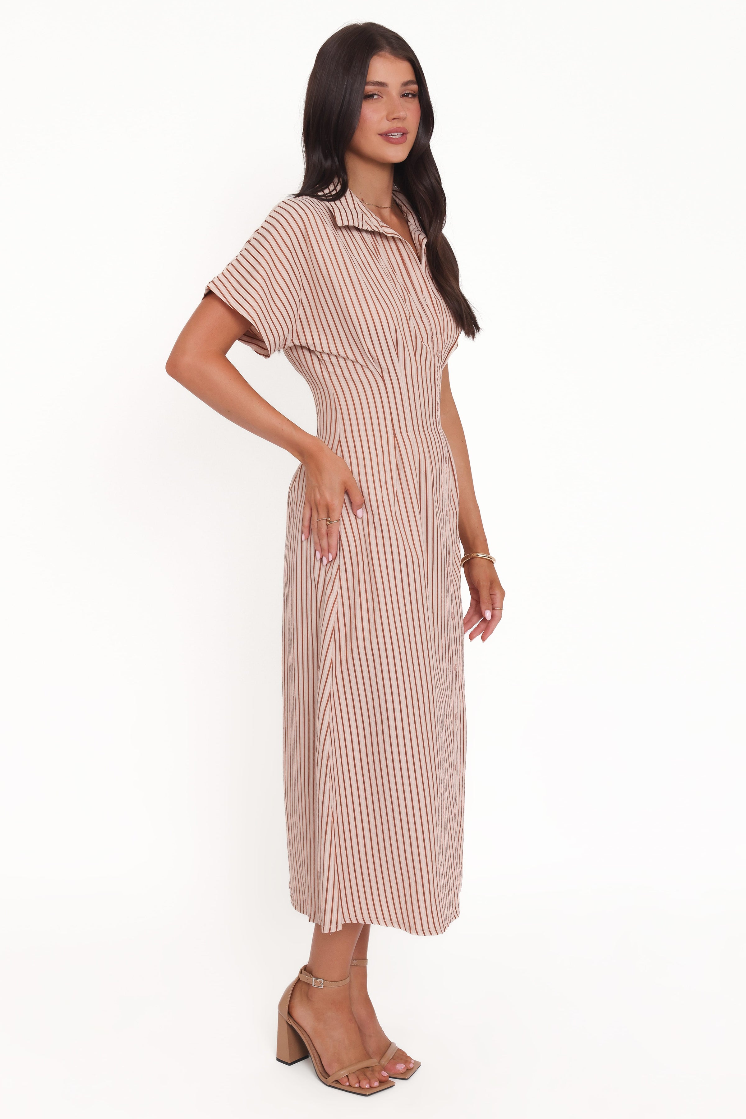 Petal and Pup USA DRESSES Eilis Short Sleeve Button Down Maxi Dress - Brown Stripe