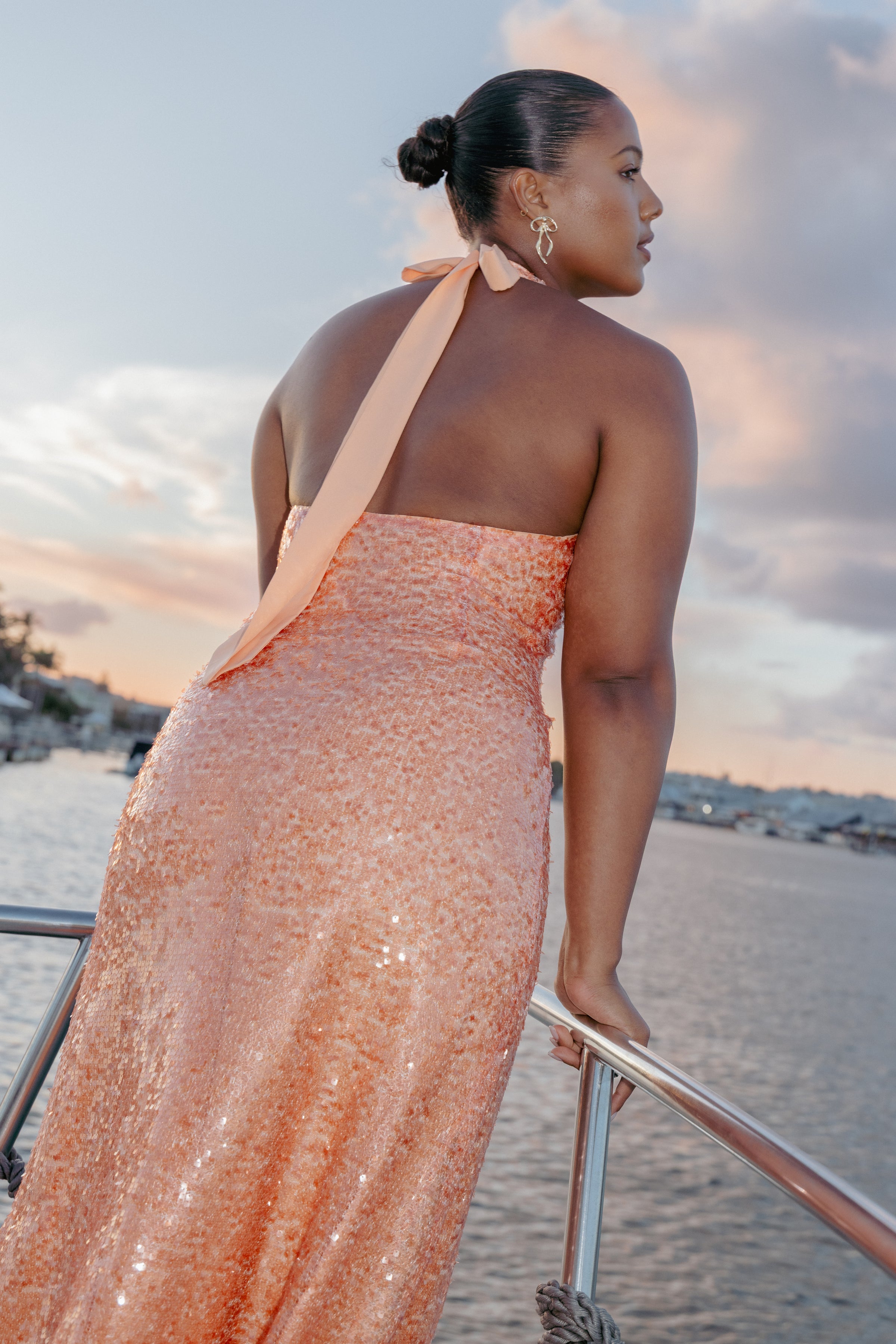 Petal and Pup USA DRESSES Eisley Halter Midi Dress - Orange Sequin