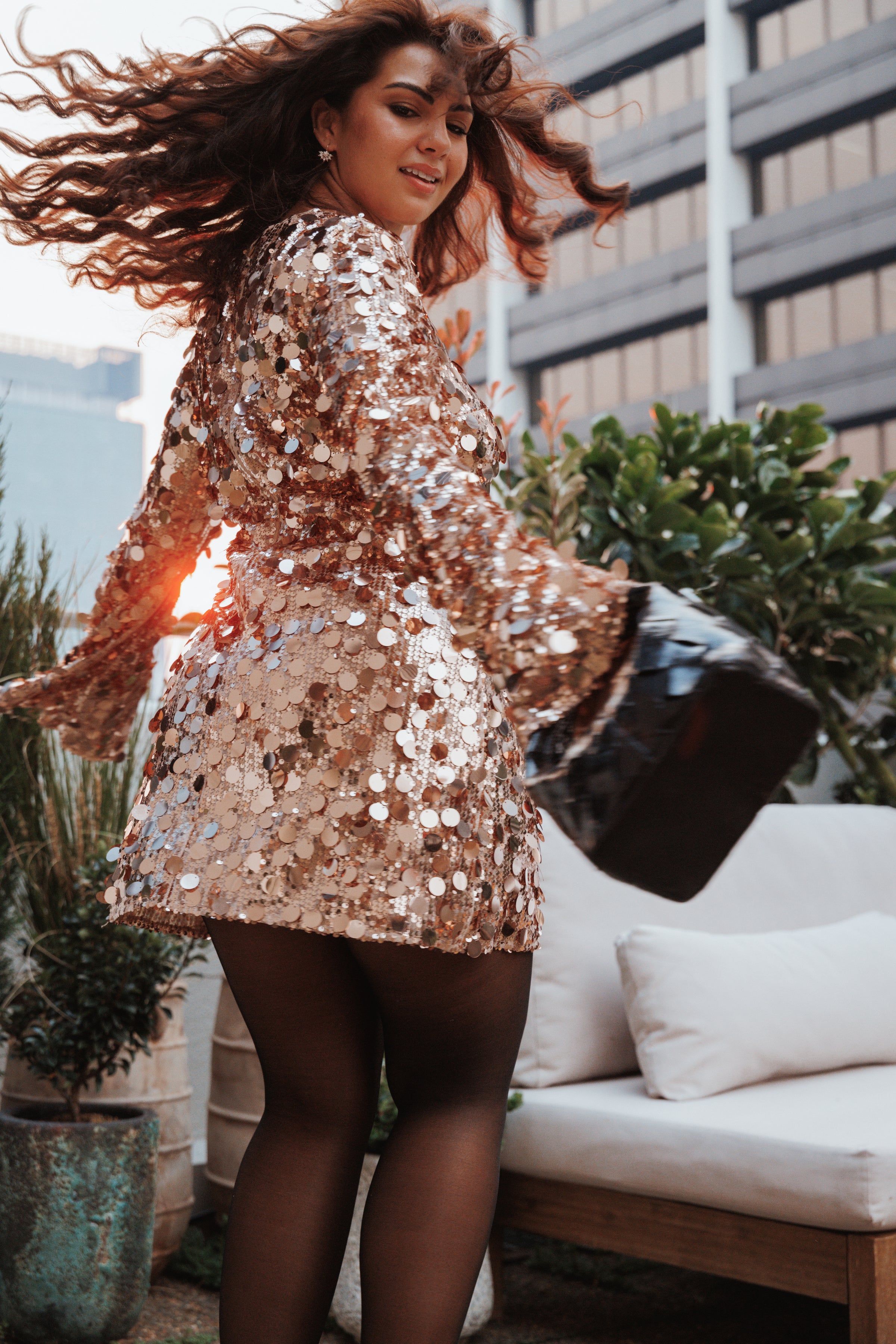 Petal and Pup USA DRESSES Electra Long Sleeve Mini Dress - Gold