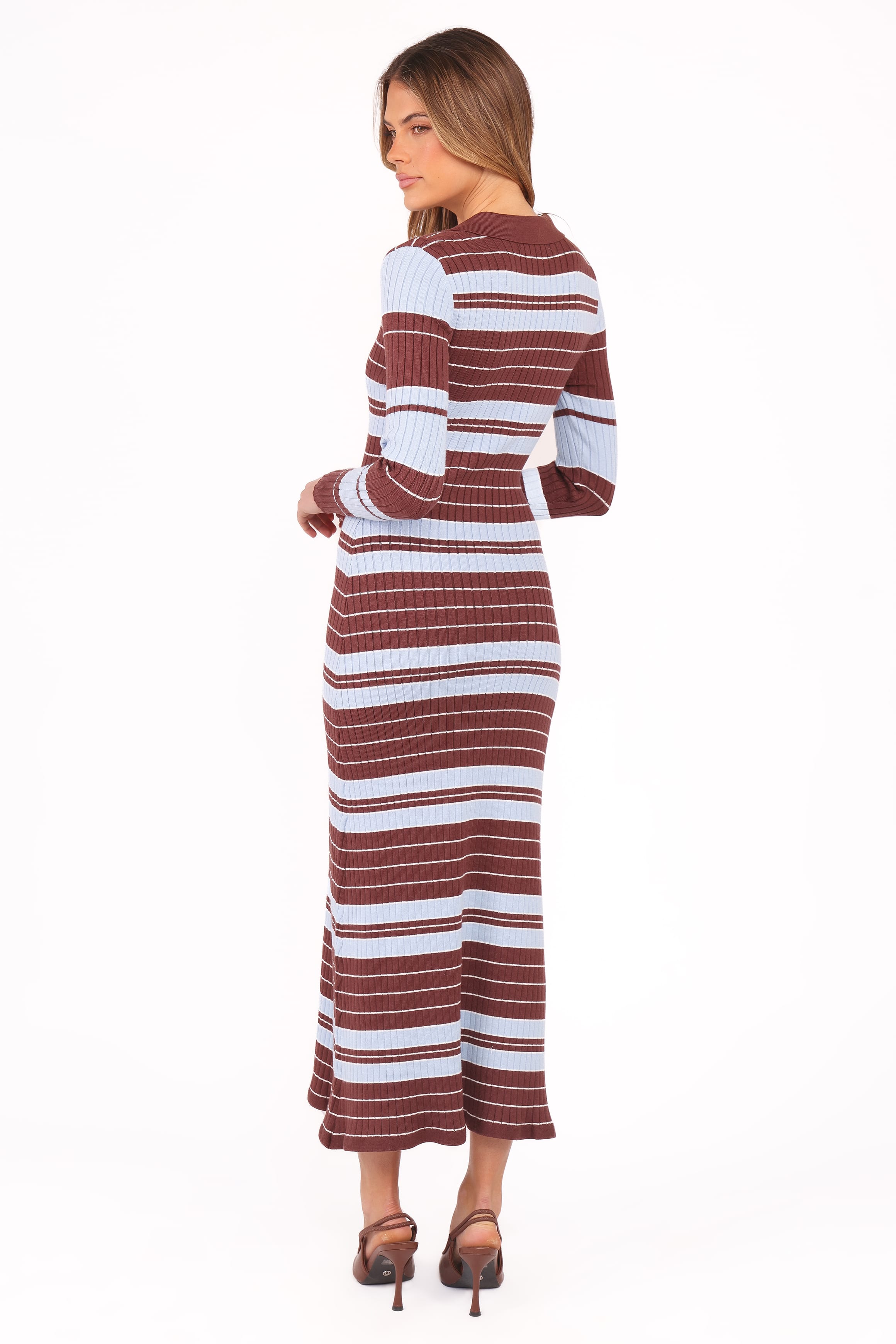 Petal and Pup USA DRESSES Eliana Long Sleeve Midi Dress - Brown Blue Stripe